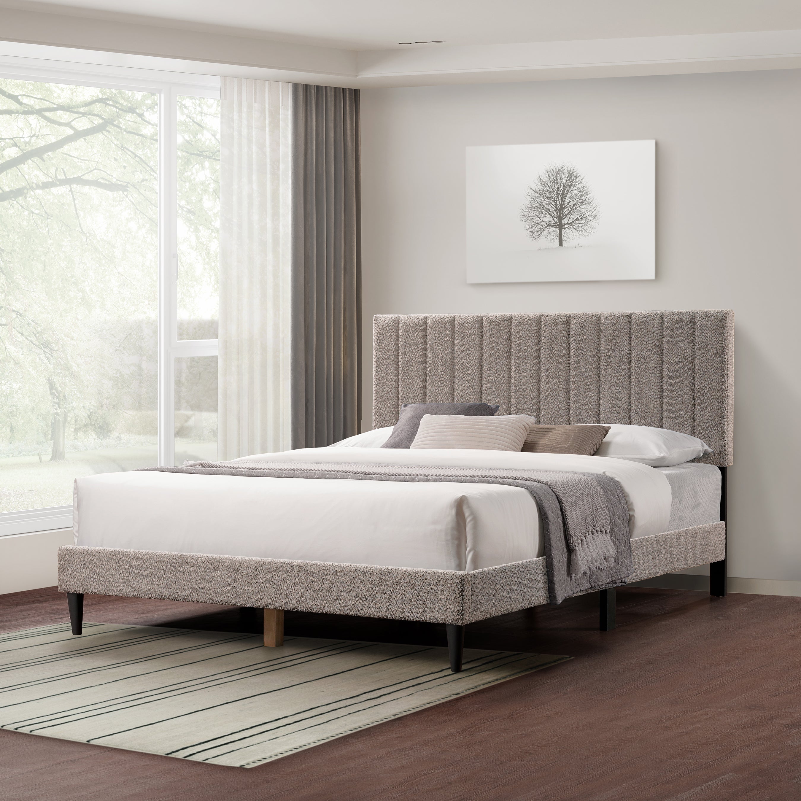 Gray Upholstered Queen Platform Bed Frame, Tufted Channel Headboard, Mid-Century Bedroom Furniture, No Box Spring Required, Bed Frame Wood Slats, Modern Soft Boucle, 64.25' x 84.5' x 45'
