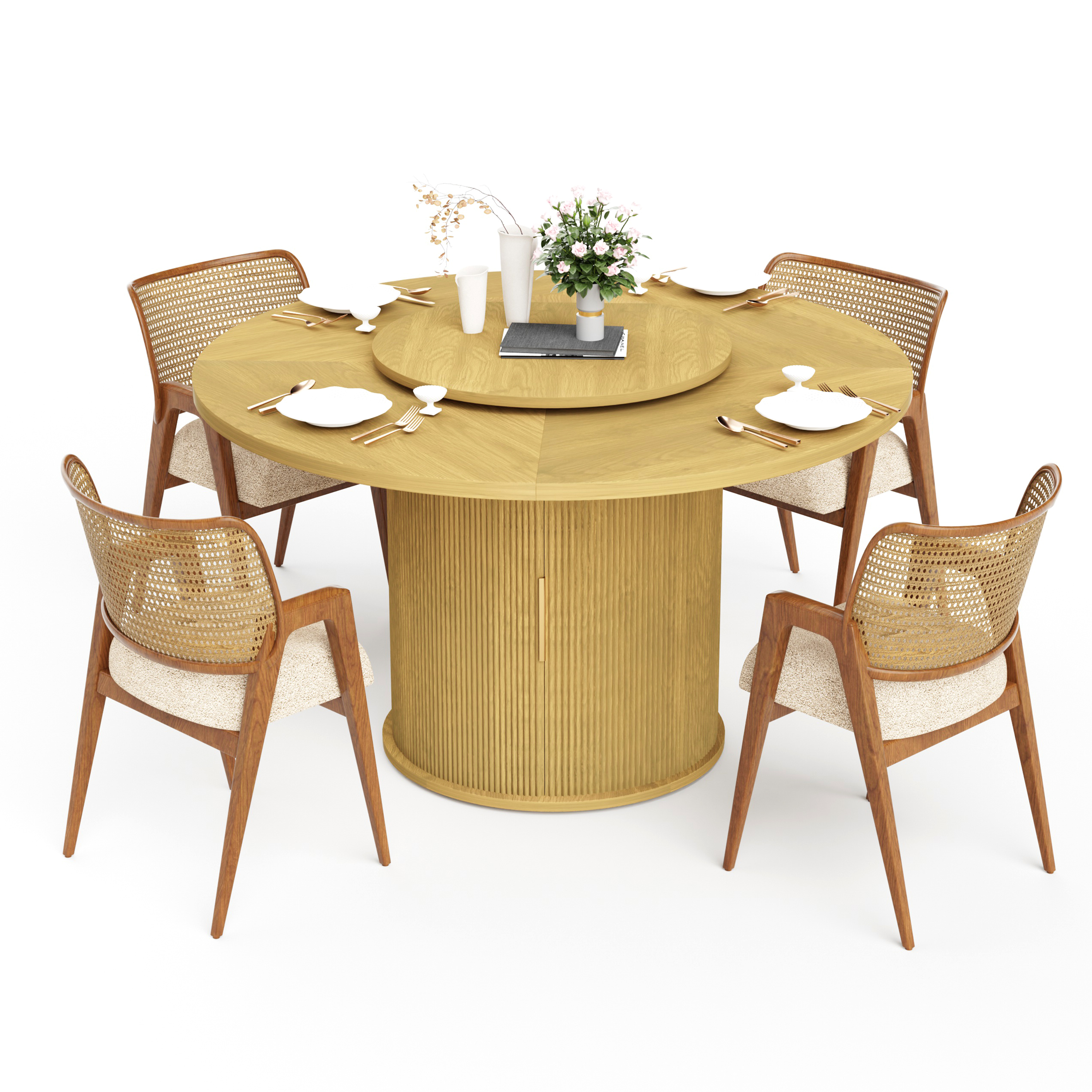 Ganges 55" Natural Round Dining Table with Storage Rack and Rotating Tray