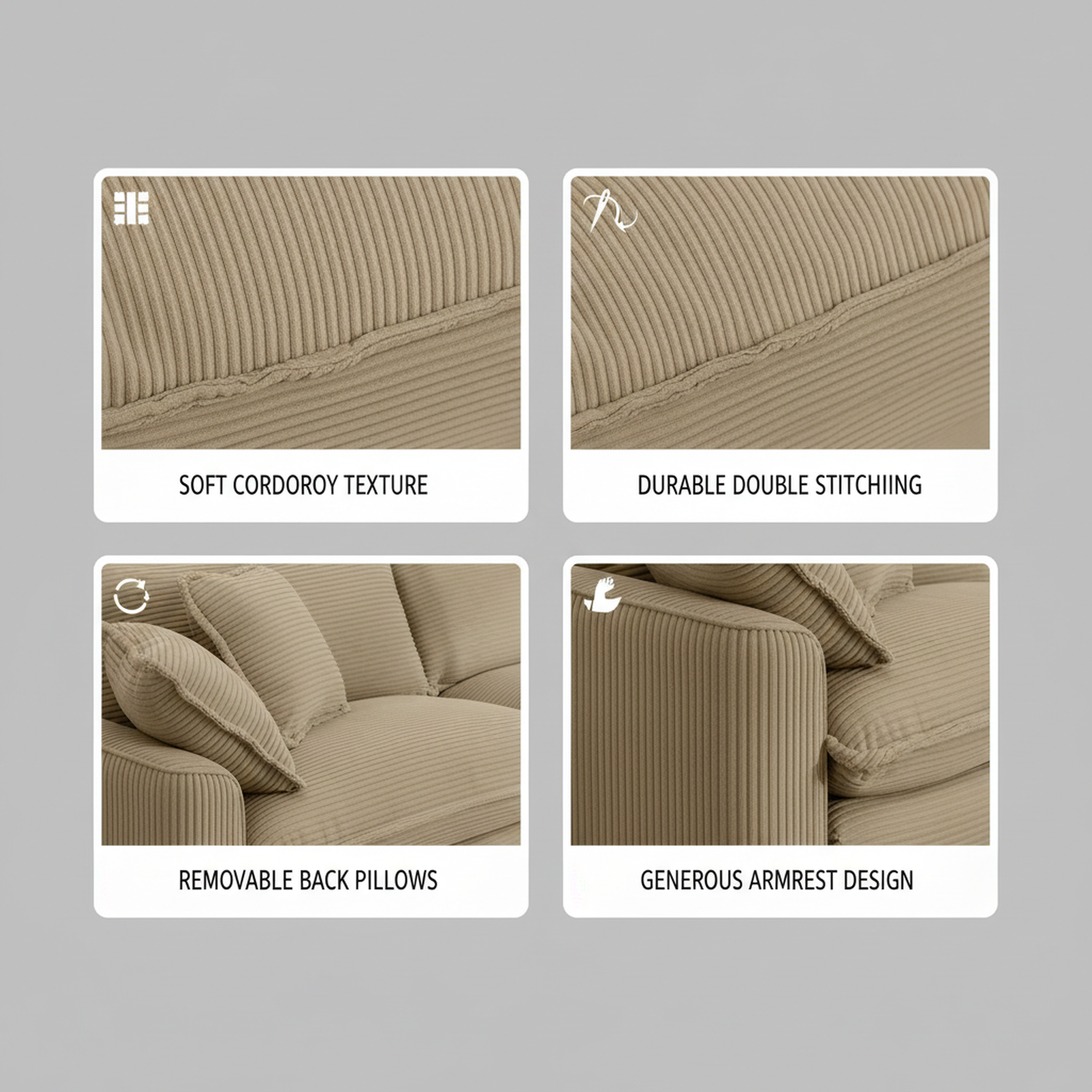 1-Pack Tan Corduroy Loveseat Sofa, Modern Fabric Upholstered Deep Seating, Classic & Retro Design, 4 Pillows Included, Living Room & Apartment Furniture, Easy Assembly, Comfortable & Stylish Accent Piece