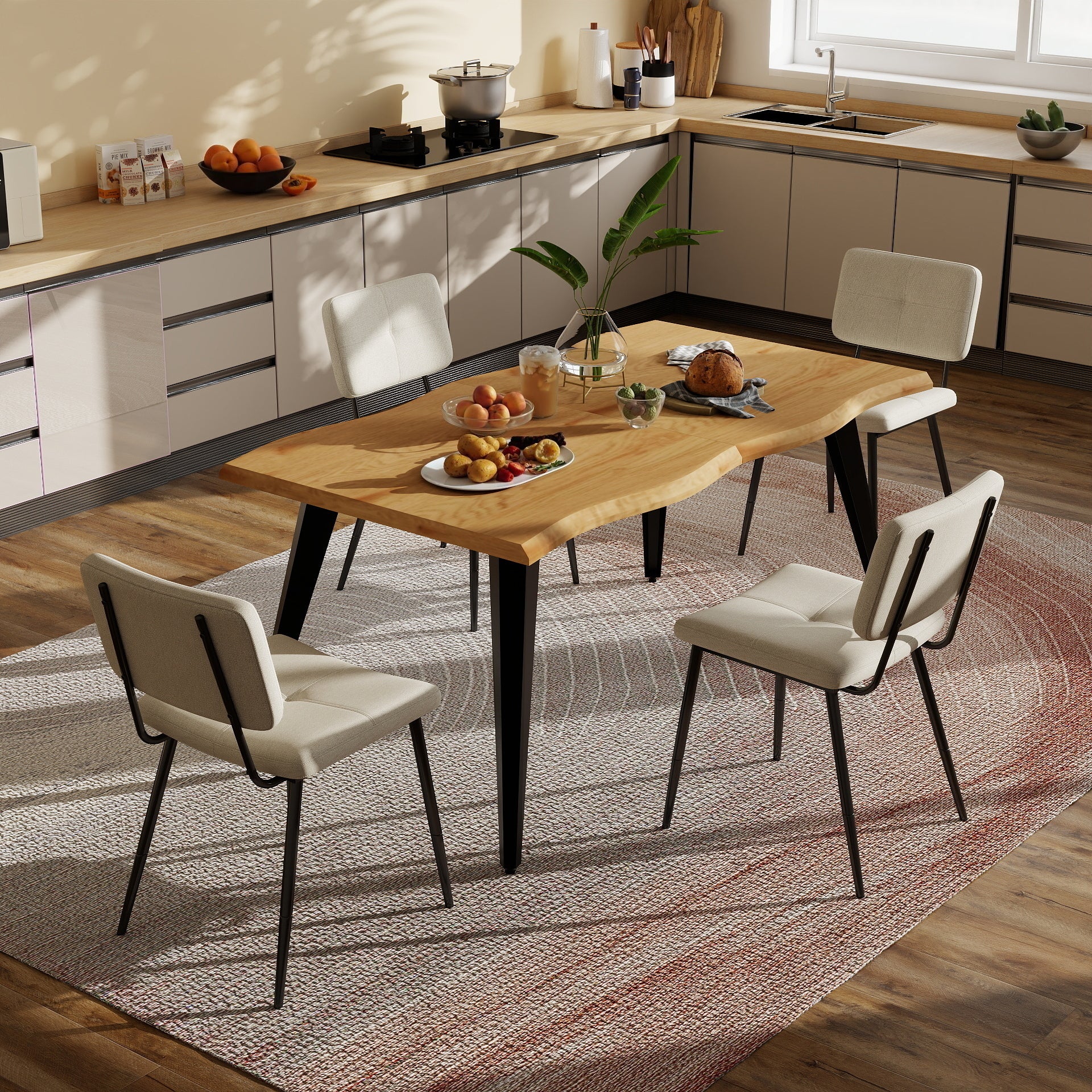 Homy Casa Lancelot 5PC Dining Set 63” Oak Table with 4 Pomona Upholstered Chairs,Beige