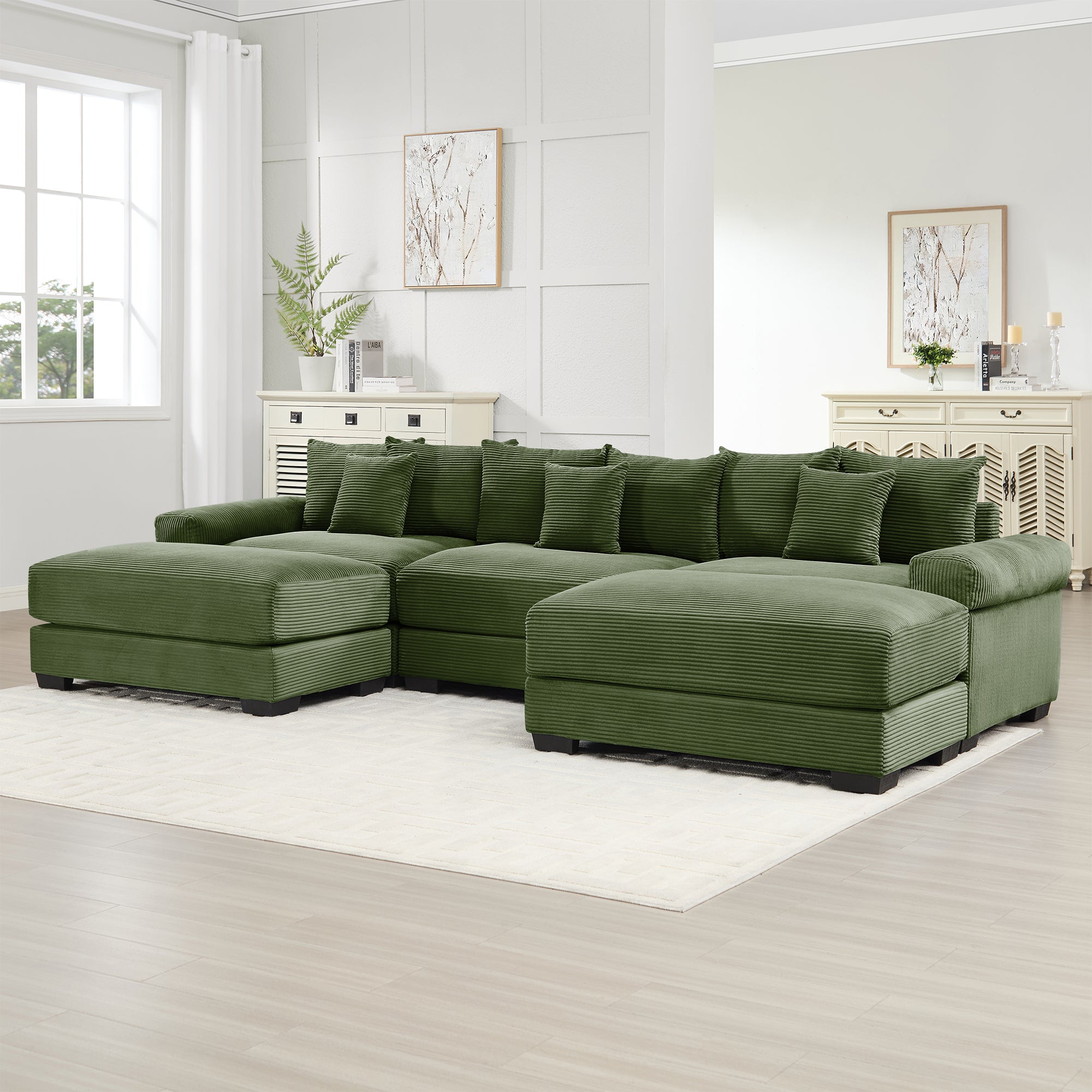 Albany 130" Modular Corduroy Cloud U-Shaped Sectional Sofa with Ottomans