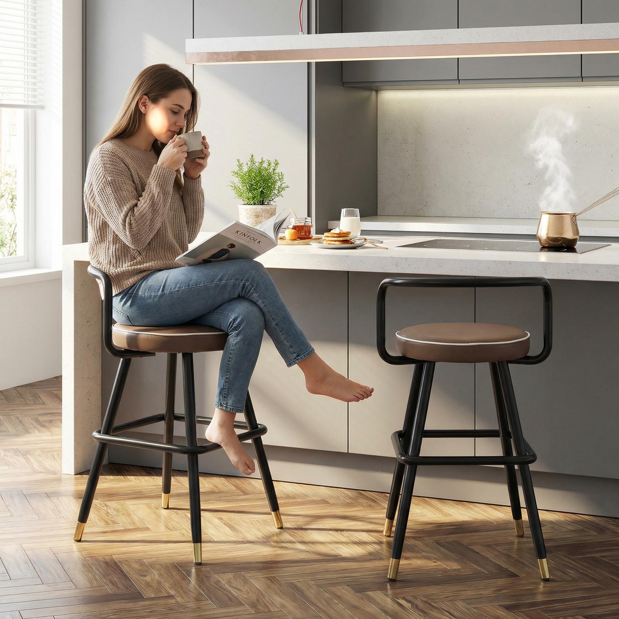 Homy Casa Ballon 2PC Modern PU Counter Bar Stools, Latte Black Metal Legs