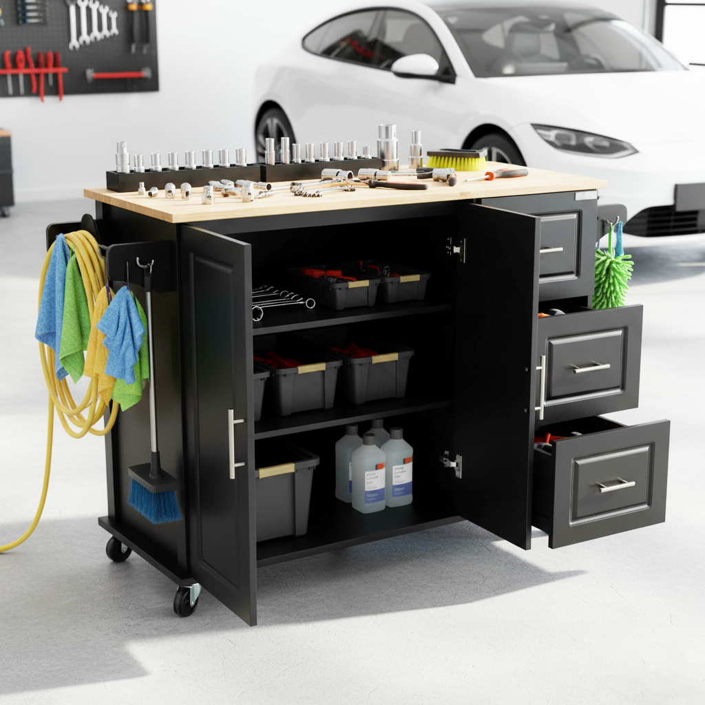 Kitchen Island & Kitchen Cart, Mobile Kitehcn Island with Extensible Rubber Wood Table Top,adjustable Shelf Inside Cabinet for Different Utensils, 3 Big Drawers, with Spice Rack, Towel Rack, Black-Bee