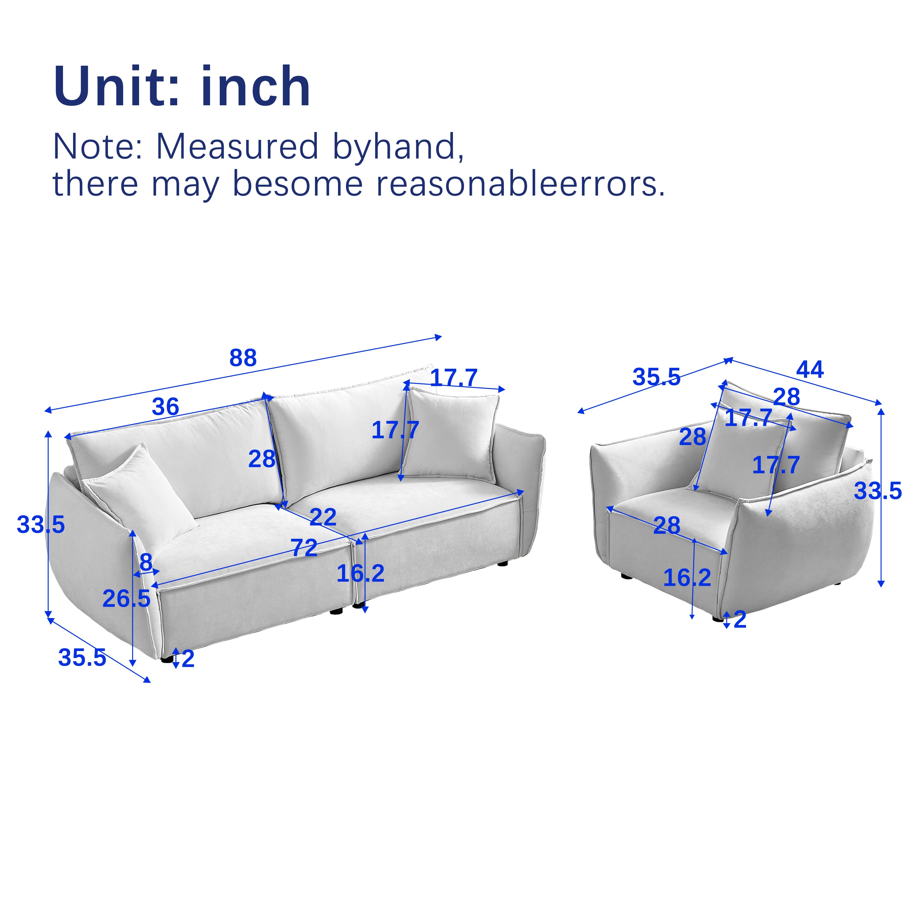 Phoenix 2 Piece Linen Fabric Sofa Set,Loveseat Sofa & Recliner Chair