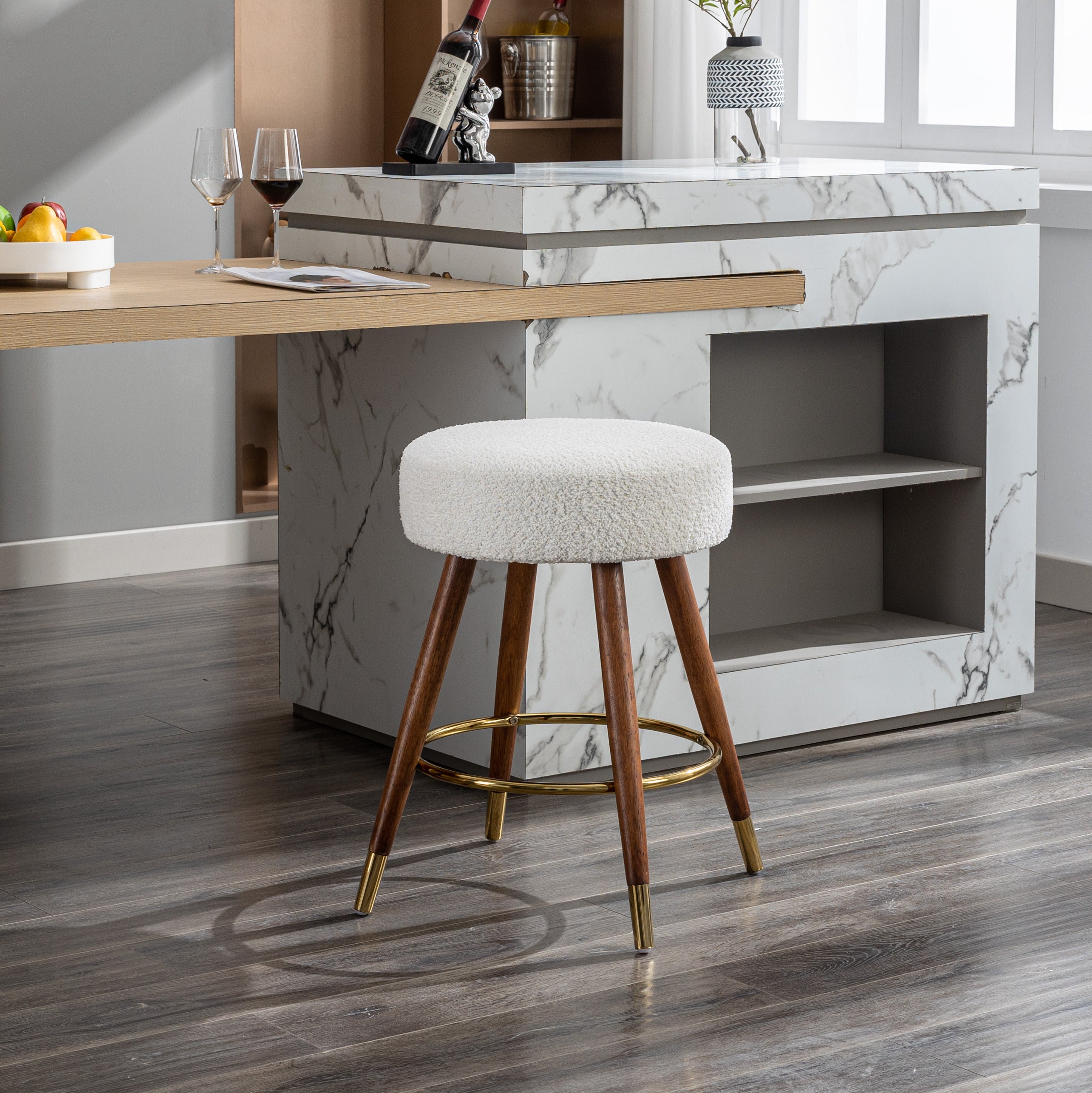 Ribera Boucle Upholstered Backless Swivel Counter Stool with Gold Accents