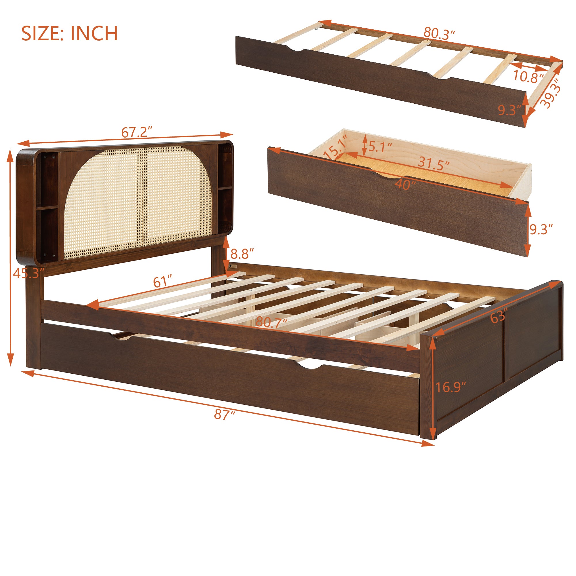 Hedda Queen Size Rattan Headboard Bed with Two Drawers and Trundle Bed