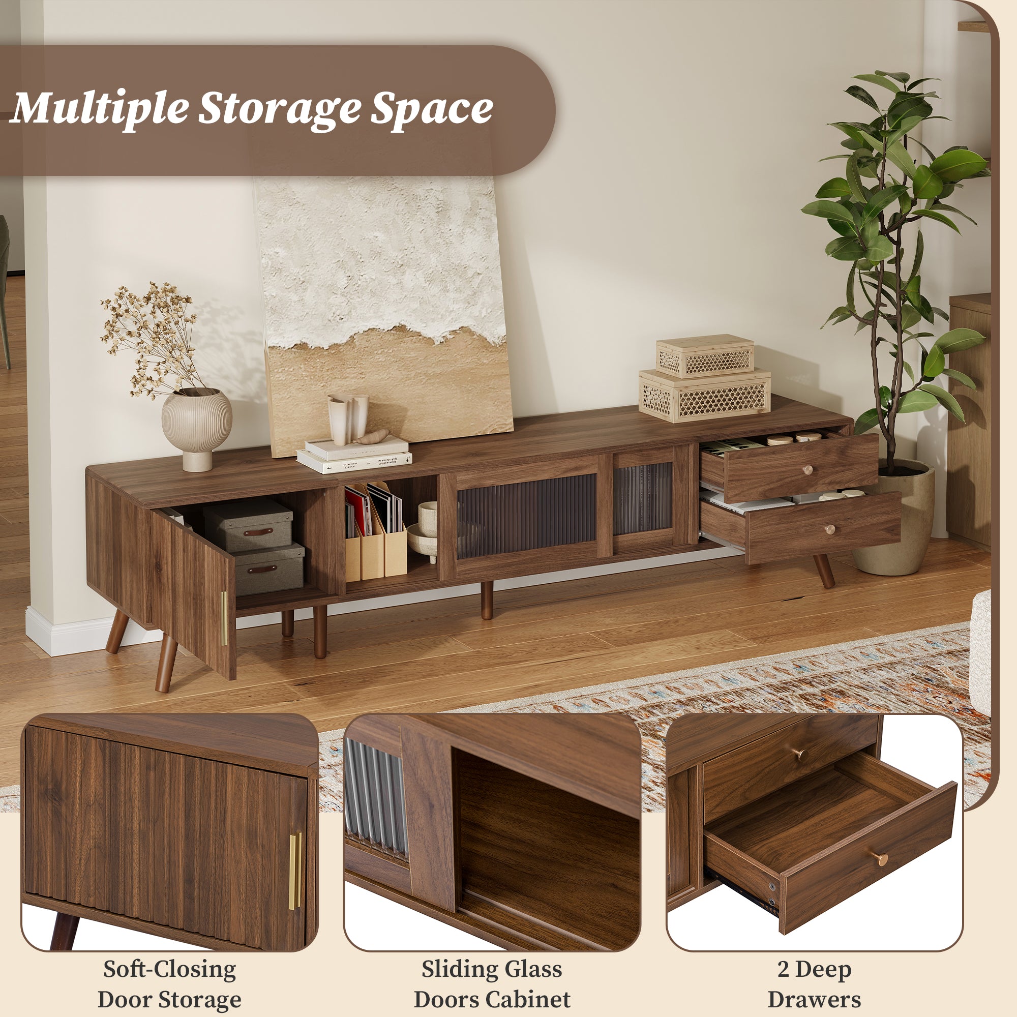 Kyoto 76" Mid-Century Modern TV Stand with Storage Cabine