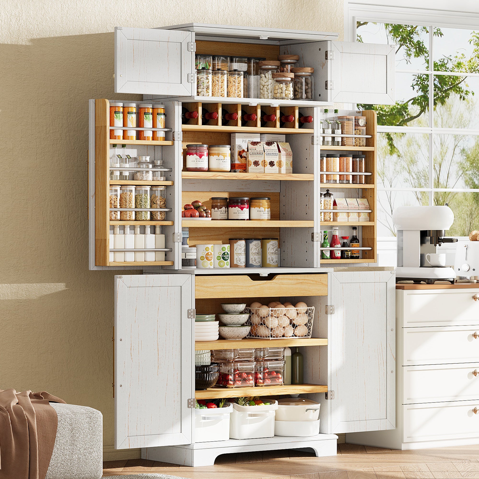 Bristol 78.2" Farmhouse White Kitchen Pantry Cabinet with Adjustable Shelves