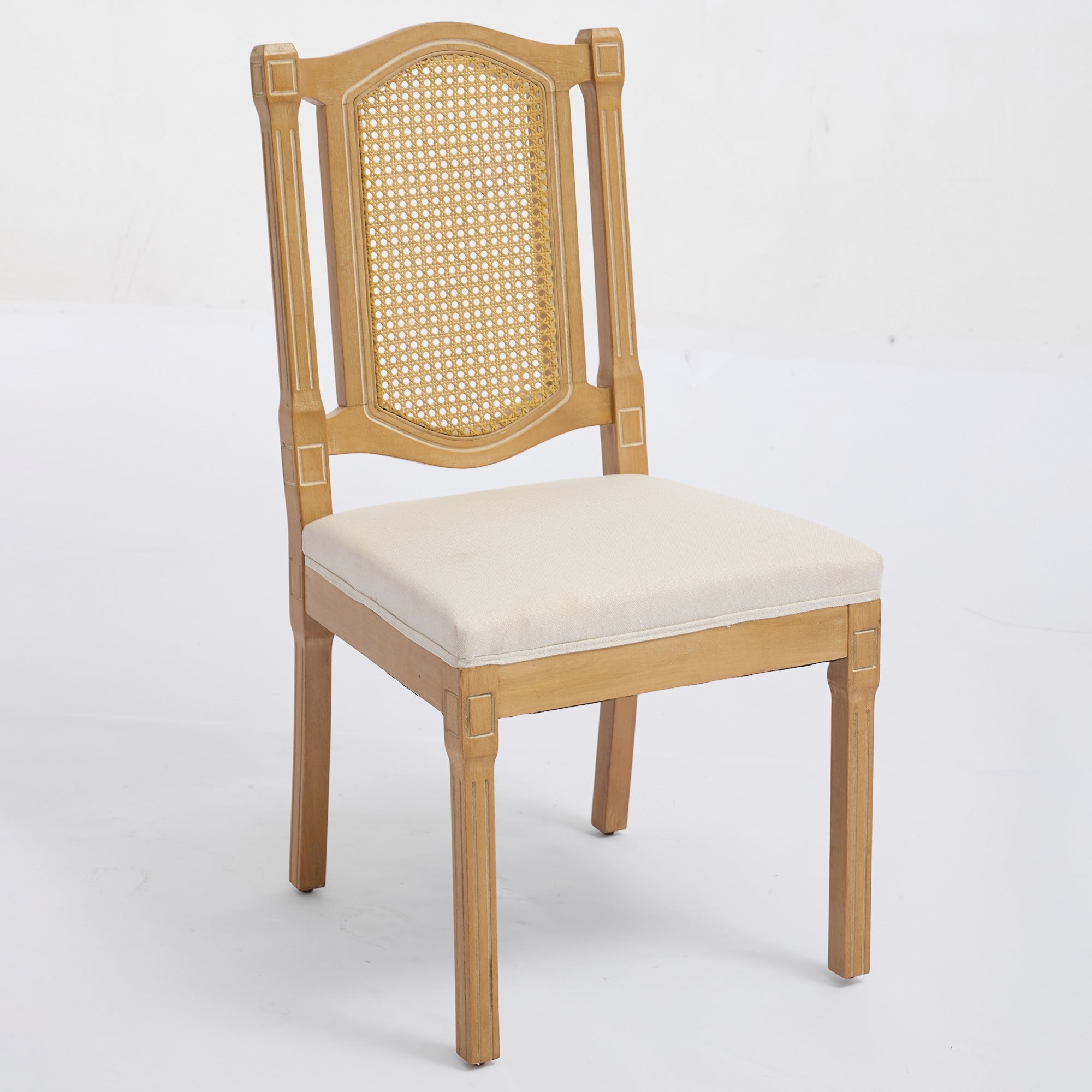 Shannon Solid Wood Rattan-Back Dining Chair Set of 2 with Beige Linen Cushion