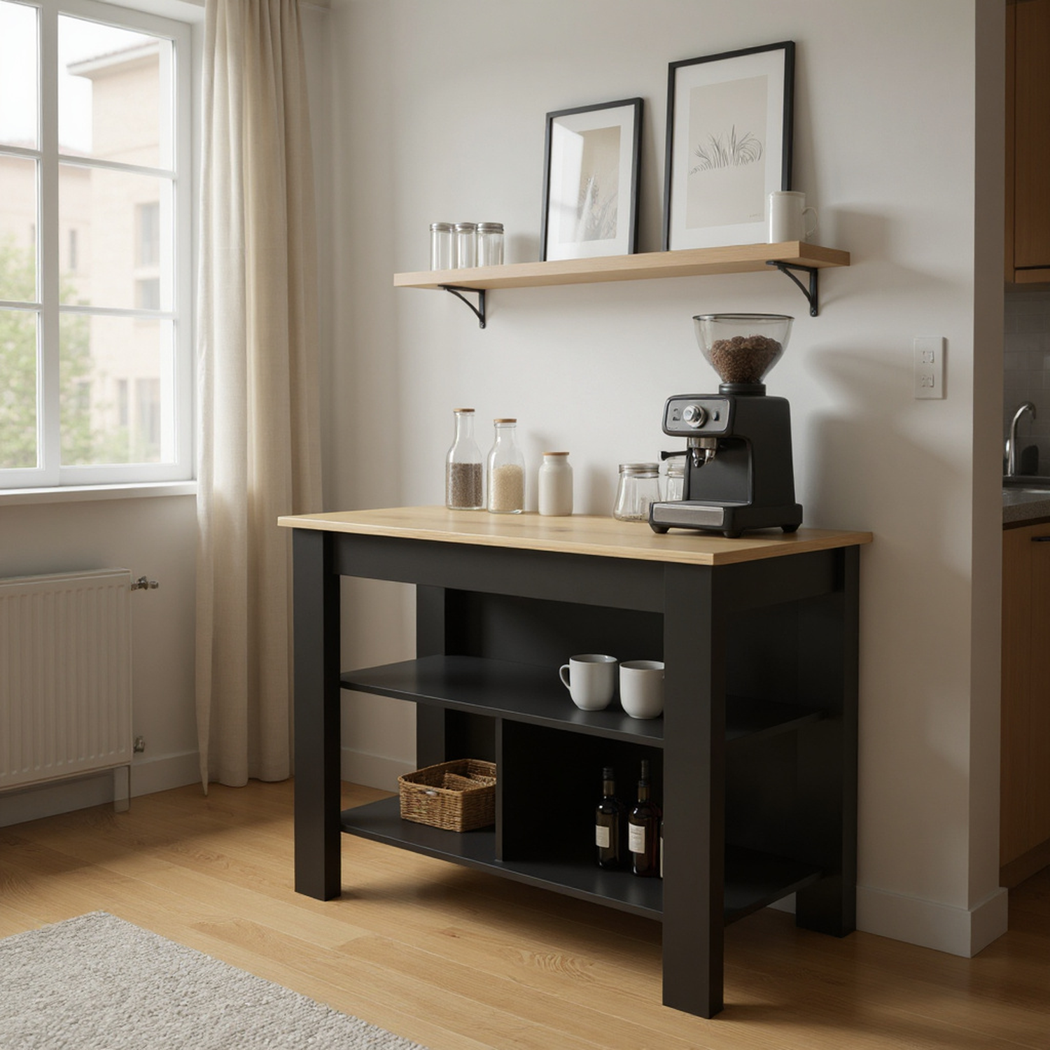 3-Shelf Kitchen Island Black Wengue and Light Oak