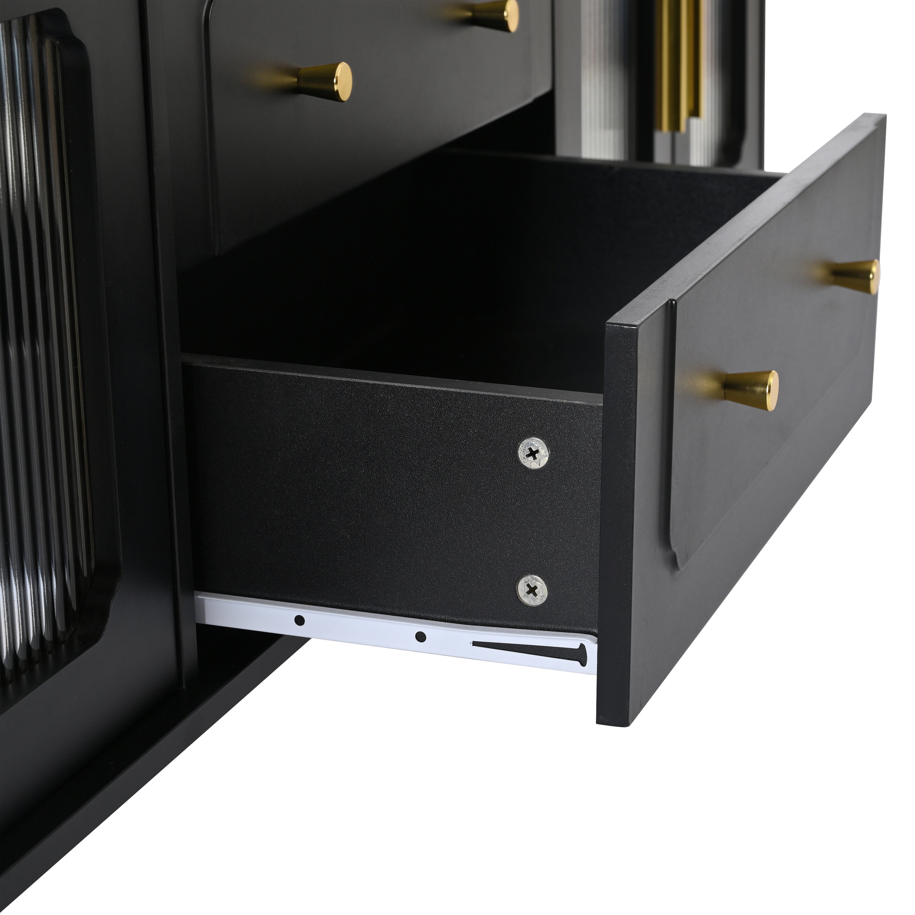 Retro Design TV Stand with Fluted Glass Doors for TVs Up to 78'', Practical Media Console with 2 Drawers and Cabinets, Elegant Entertainment Center for Living Room, Black