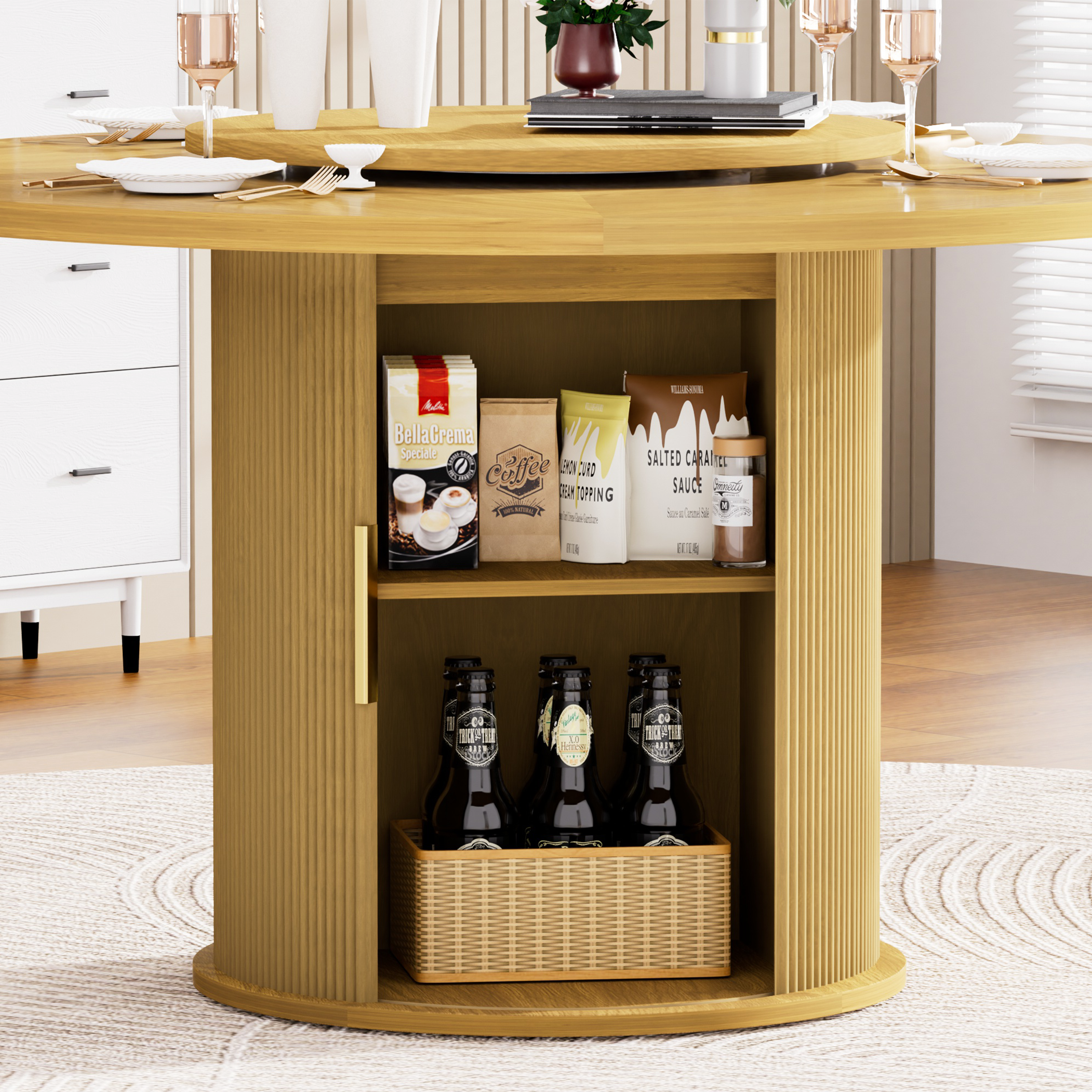 Ganges 55" Natural Round Dining Table with Storage Rack and Rotating Tray