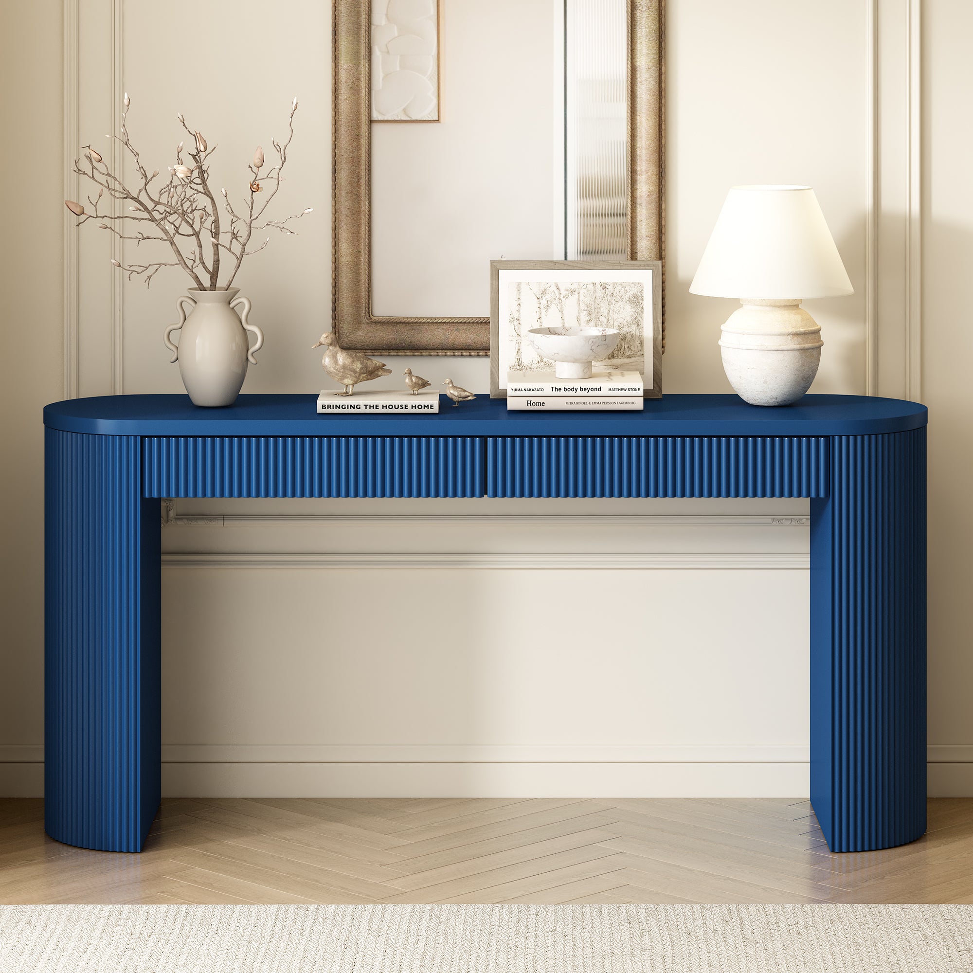 58.2' Entryway Table with Large Top and Dual Drawers,Console Table with Arched Sturdy Legs Stripe Design,Pine Veneer Sofa Table with Adjustable Feet for Living Room, Hallway,Foyer, Kitchen