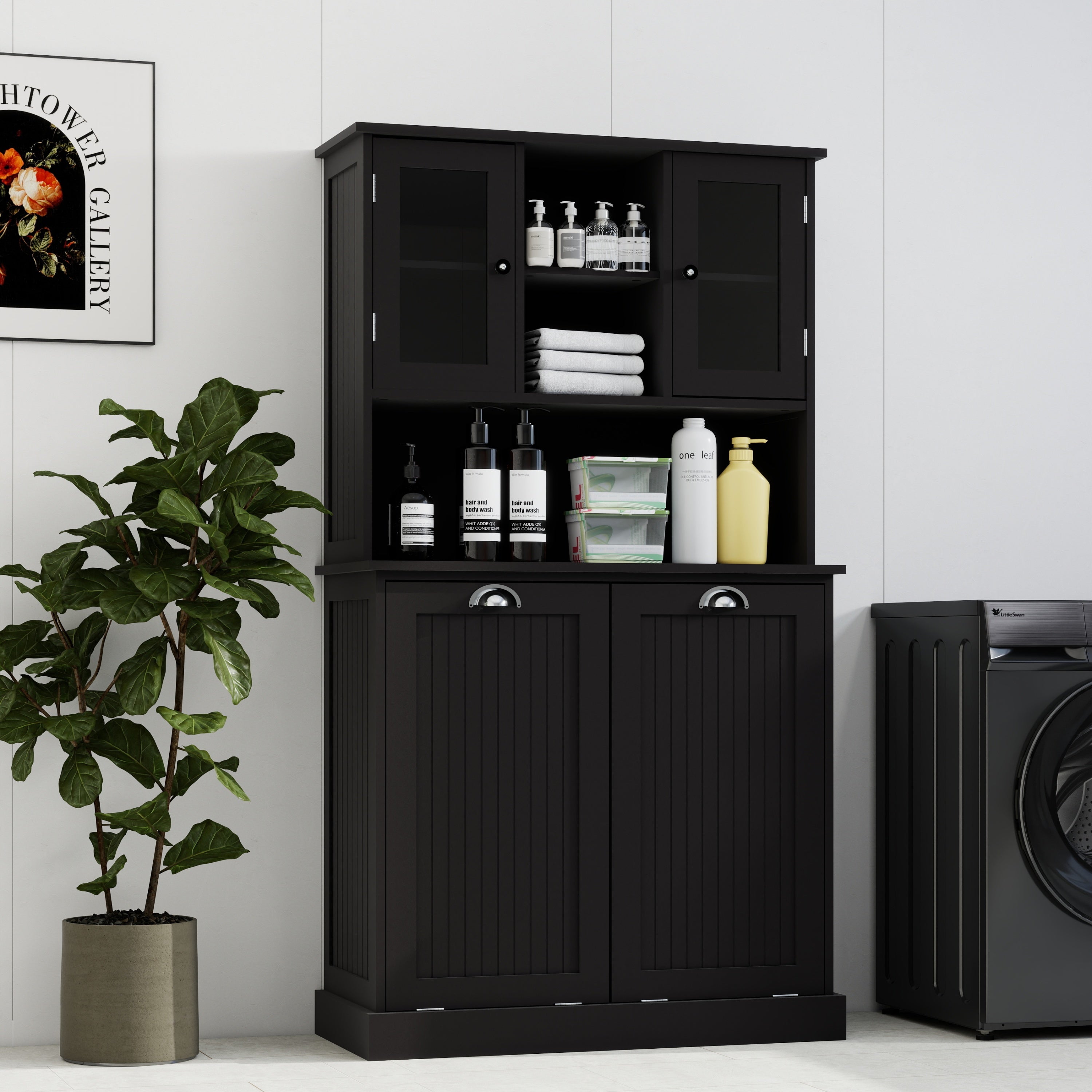 Two-Compartment Tilt-Out Dirty Laundry Basket Tall Bathroom Cabinet with 2 Adjustable Shelves-Black