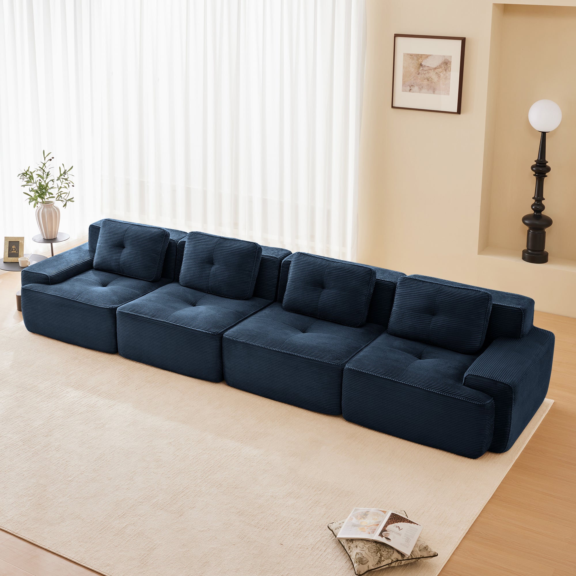 Racine 153" Modular Corduroy Fabric 4-Seater Sofa with Deep Seat