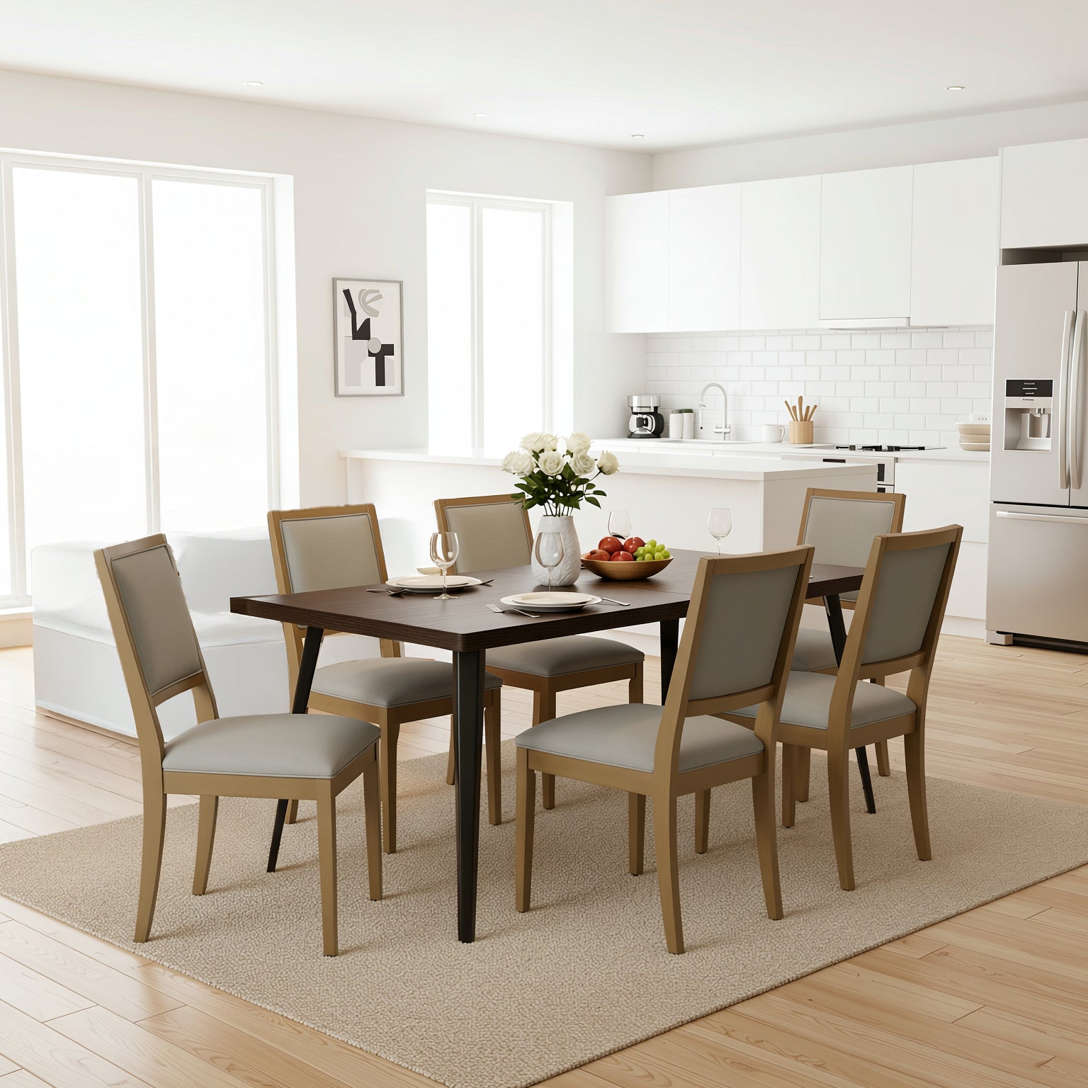 Homy Casa Stan 7PC Dining Set 63” Brown Table with 6 Siget Upholstered Solid Wood Chairs
