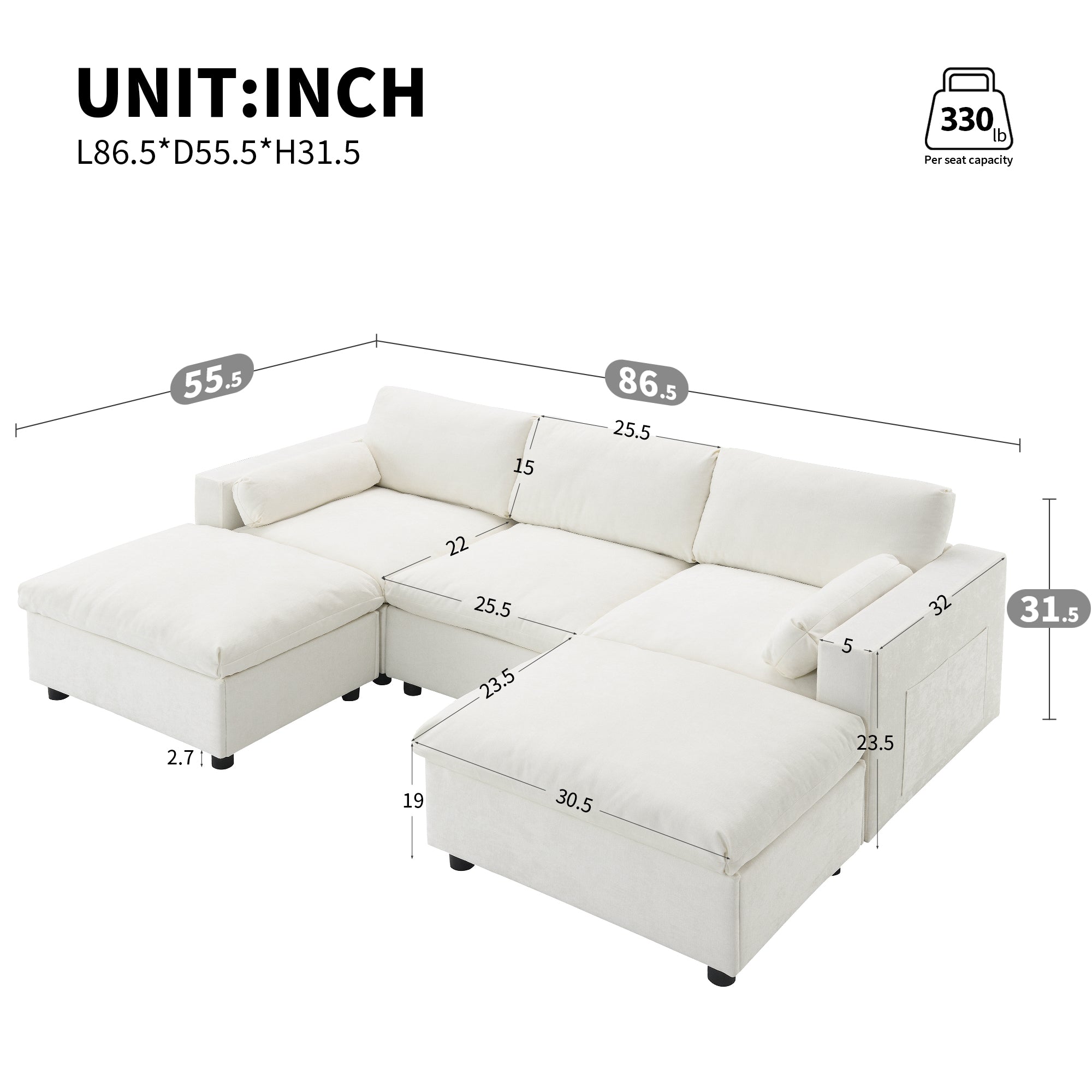 Madison U-Shaped Modular Sectional Sofa with Ottomans