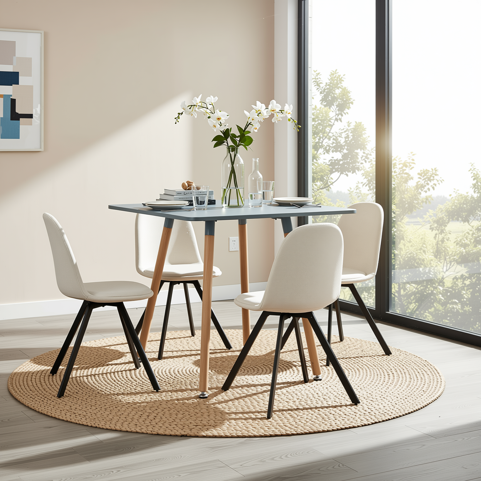 Homy Casa Rookie 5PC Dining Table Set 31.5” Square Grey Table with 4 Sunflower Beige Swival Upholstered Chairs