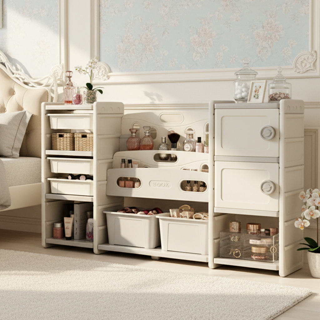 Hazelmont Kids Toy Storage Organizer with 8 Bins, 4-Tier Bookshelf, 2 Cabinets