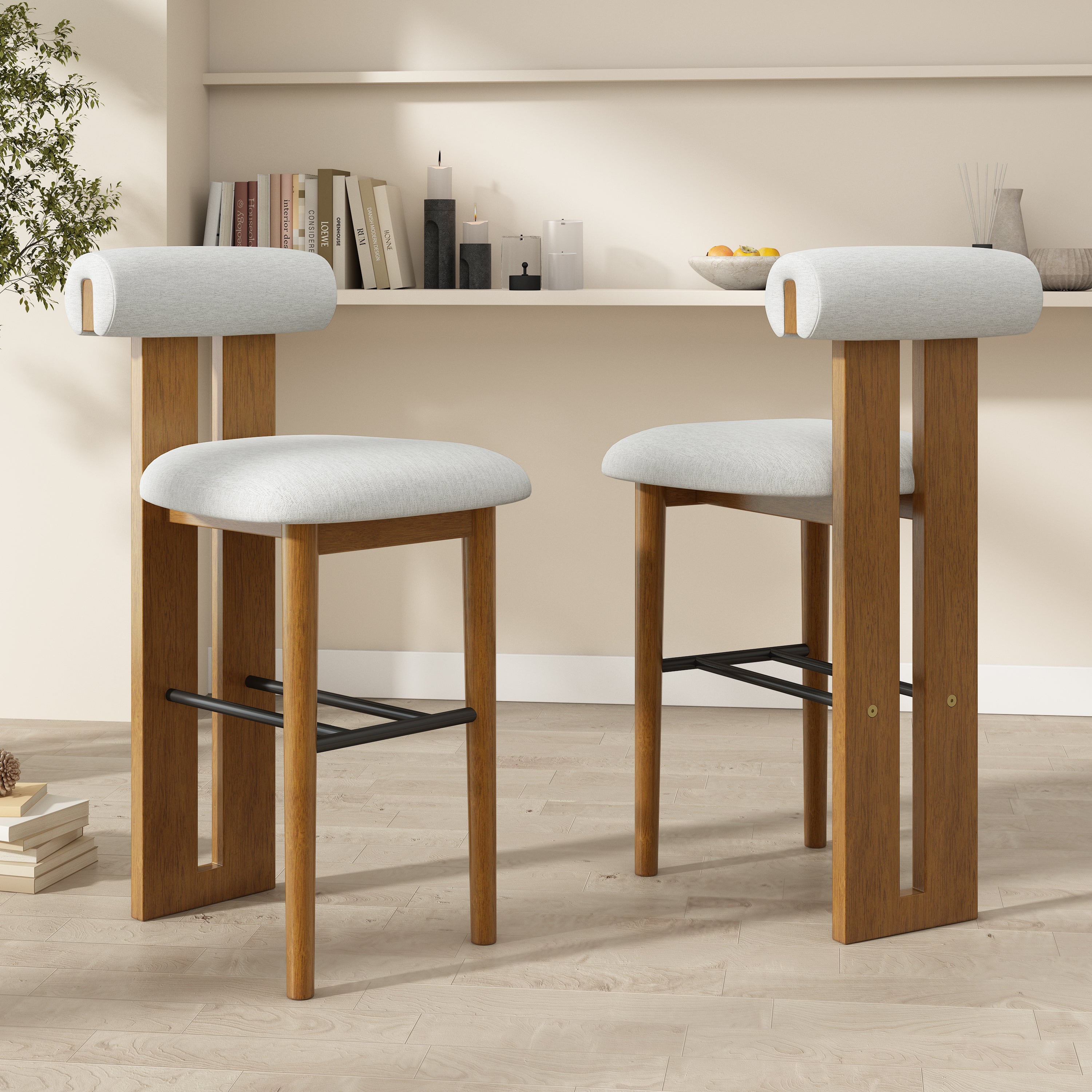 Pienza 29.5" Solid Rubberwood Bolster Back Upholstered Bar Height Stool Set of 2
