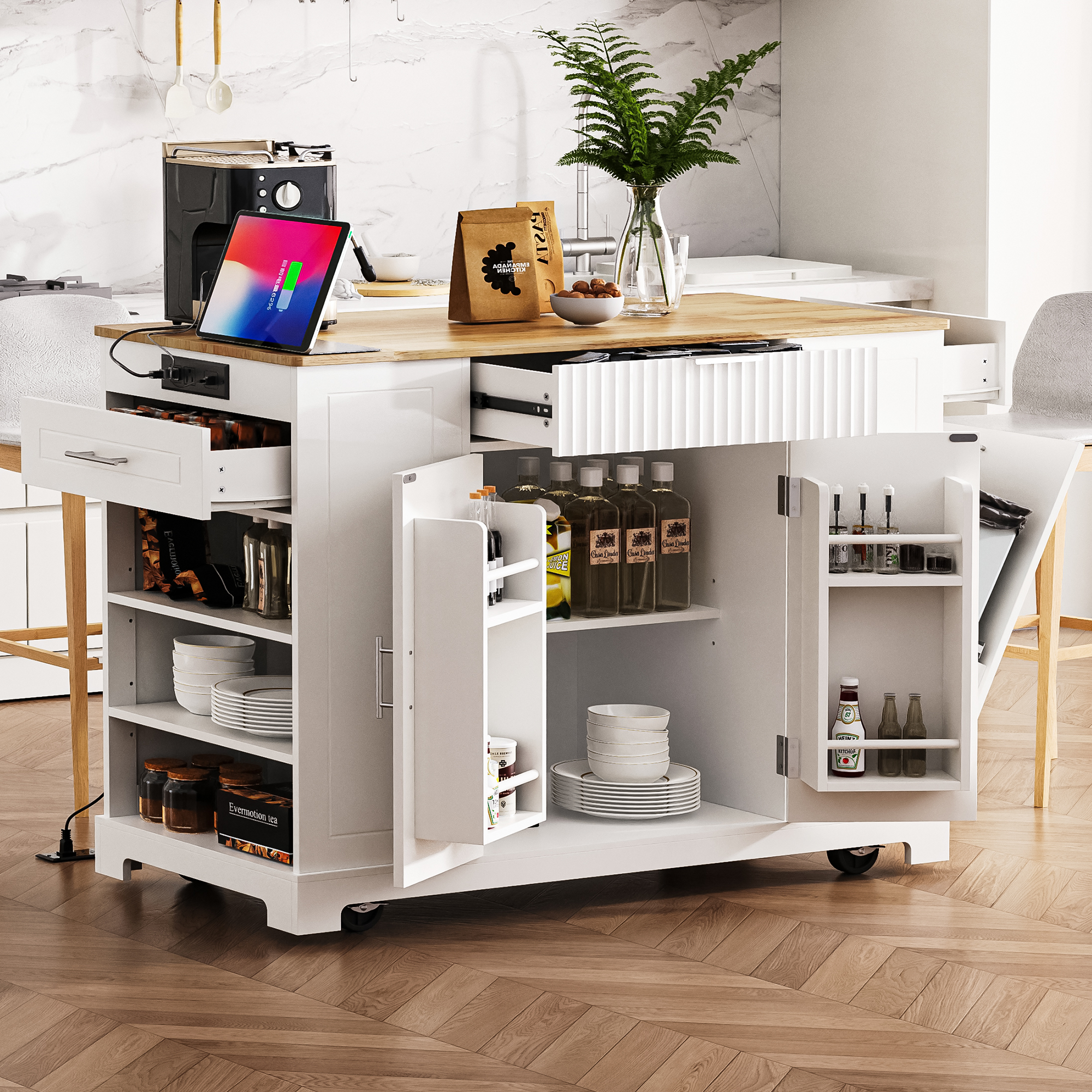 Fluted Kitchen Island with Trash Can Storage Cabinet, Power Outlet, Internal Storage Rack, Rolling Kitchen Islands on 5 Wheels with 3 Drawer, 3 Open Side Racks for 10 Gallon Garbage Bin, White