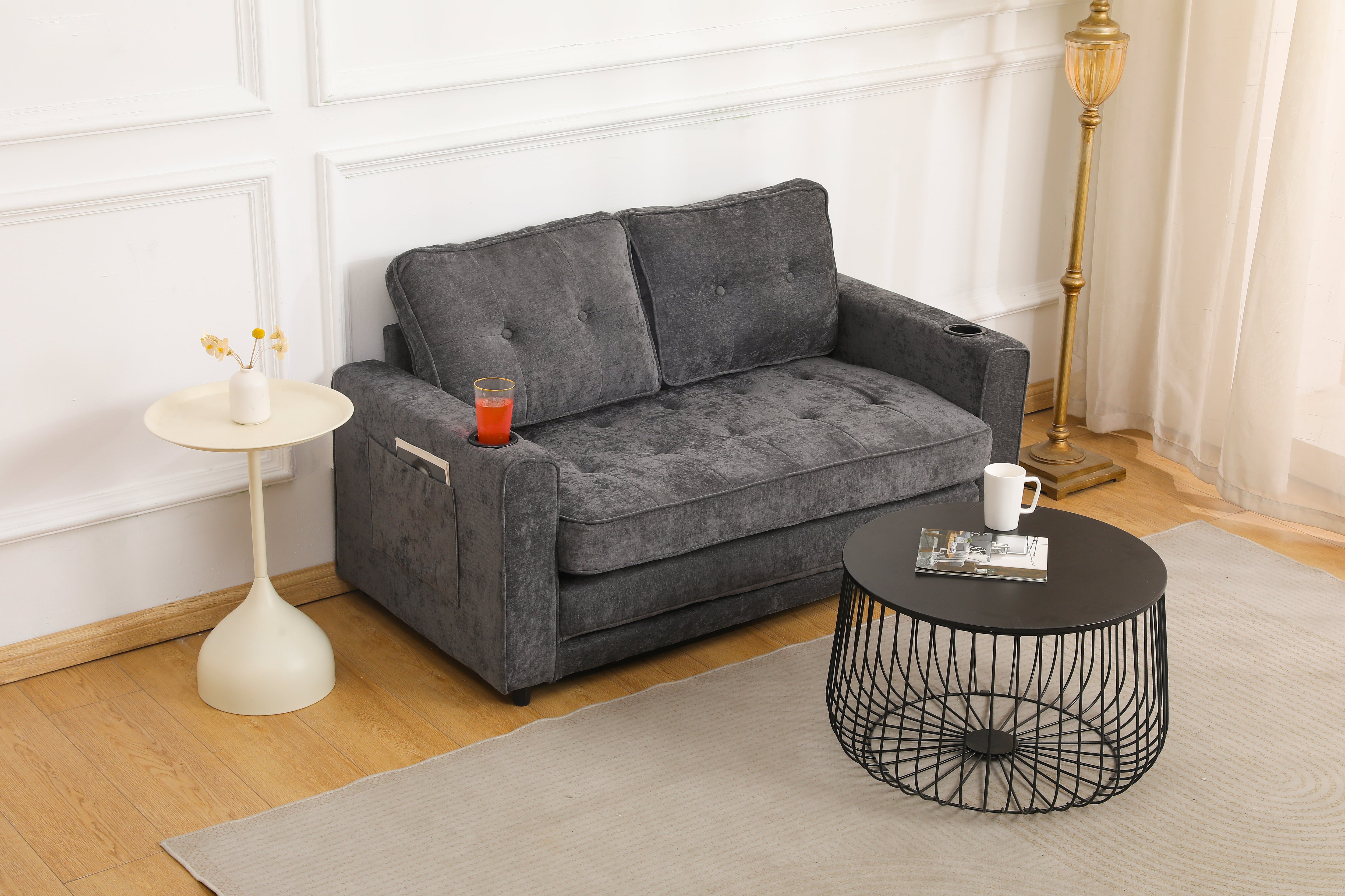 1-Pack Dark Gray 3-Fold Convertible Futon Sofa Bed, Modern Space-Saving Velvet Couch, Multi-Functional Sleeper with Storage Bags, Perfect for Small Living Rooms, Offices, Guest Spaces, Easy Assembly, Durable Comfort by HomyCasa