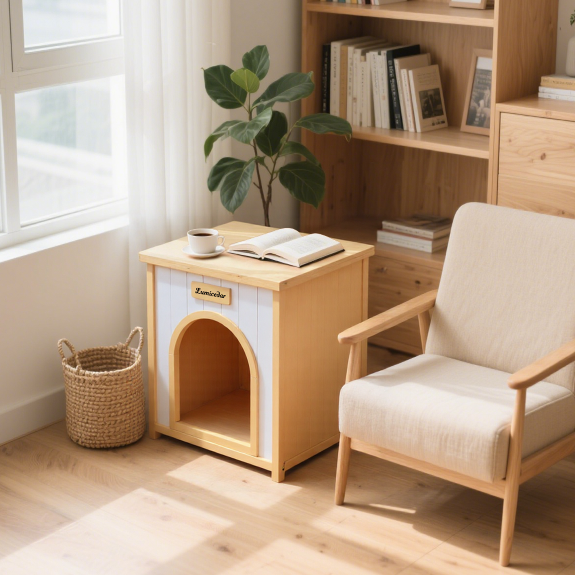 Homy Casa 21" x 20" x 24" Flat Roof Indoor Pet House for Small Cats & Dogs, FSC Solid Wood, Cream Yellow