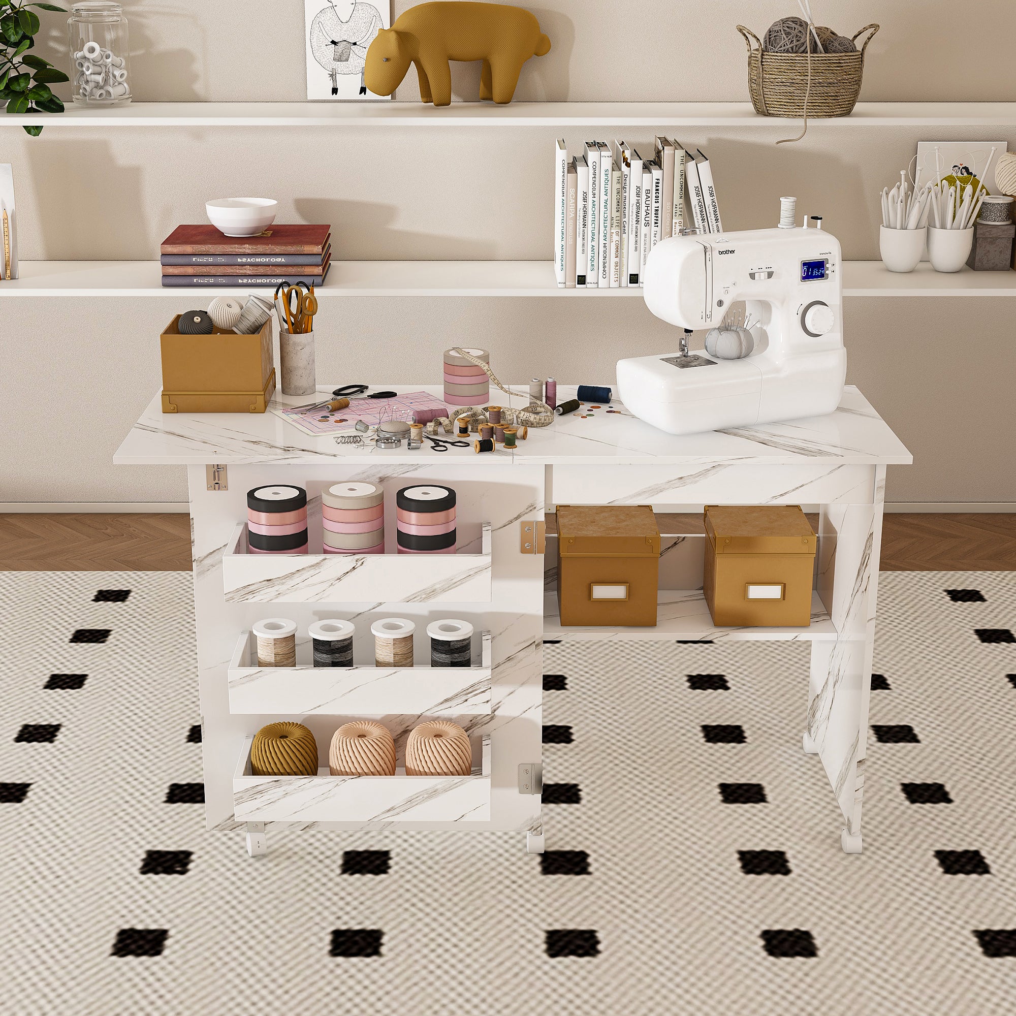 Homy Casa Nora 4 in 1 Folding Sewing Table Craft Desk and Storage Cabinet with Lockable Wheels