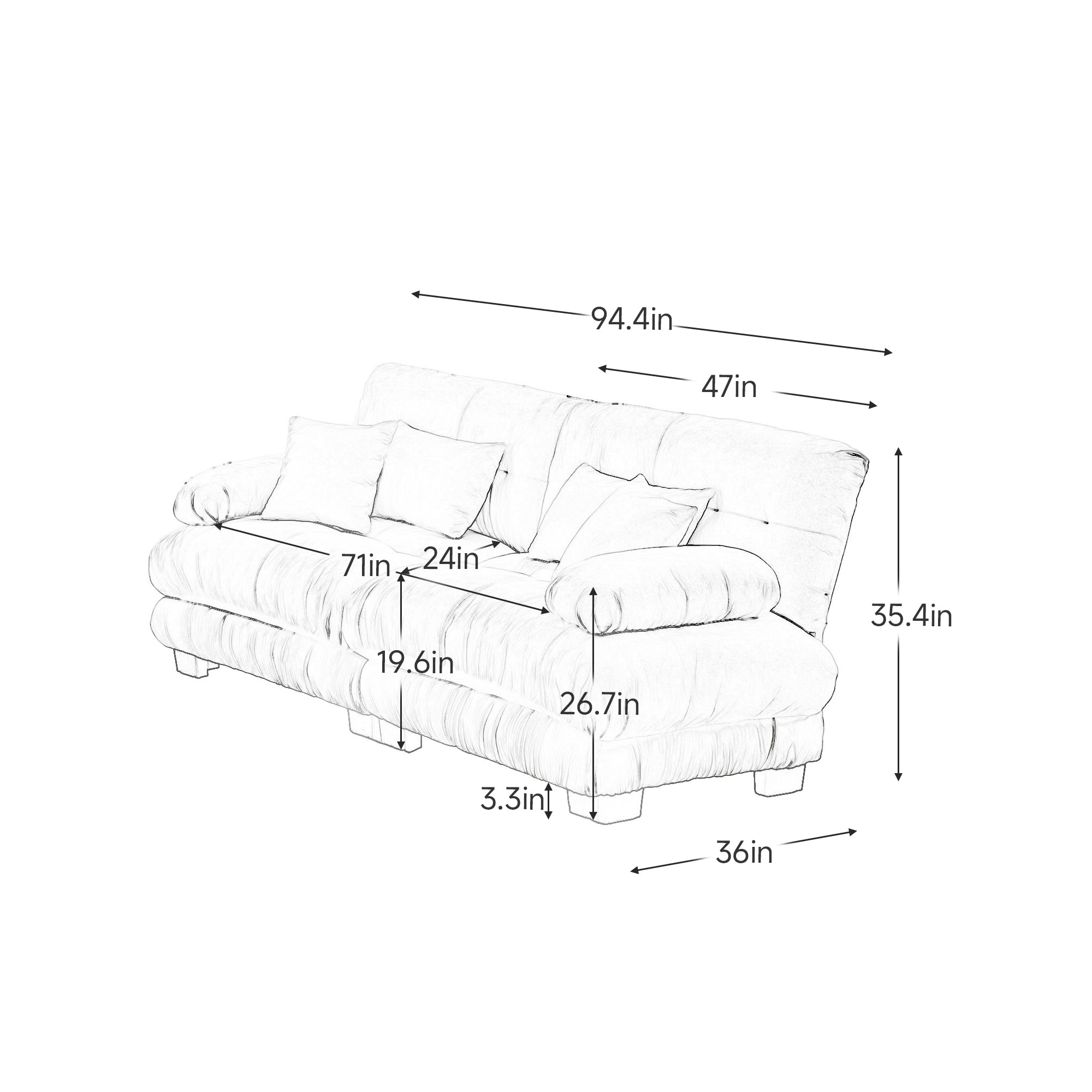 Monterey 94" 4-Seater Modular Cloud Sofa with Bolstered Armrests and Pillows