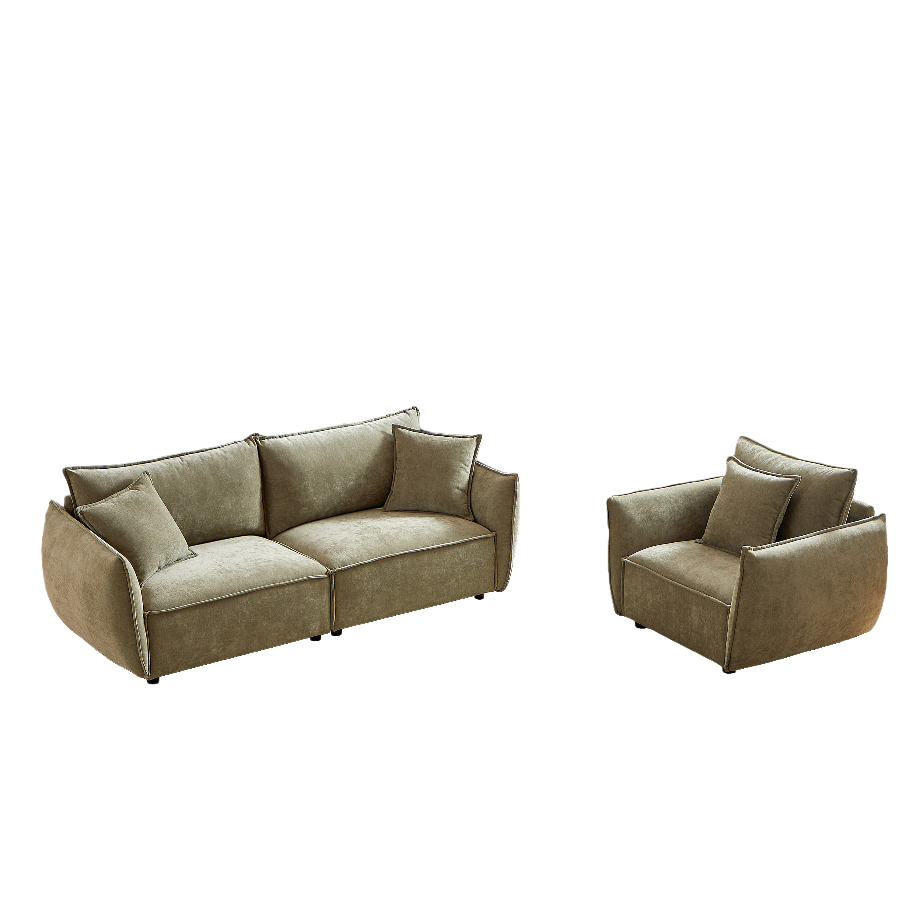 Phoenix 2 Piece Linen Fabric Sofa Set, Loveseat Sofa & Recliner Chair, Light Green
