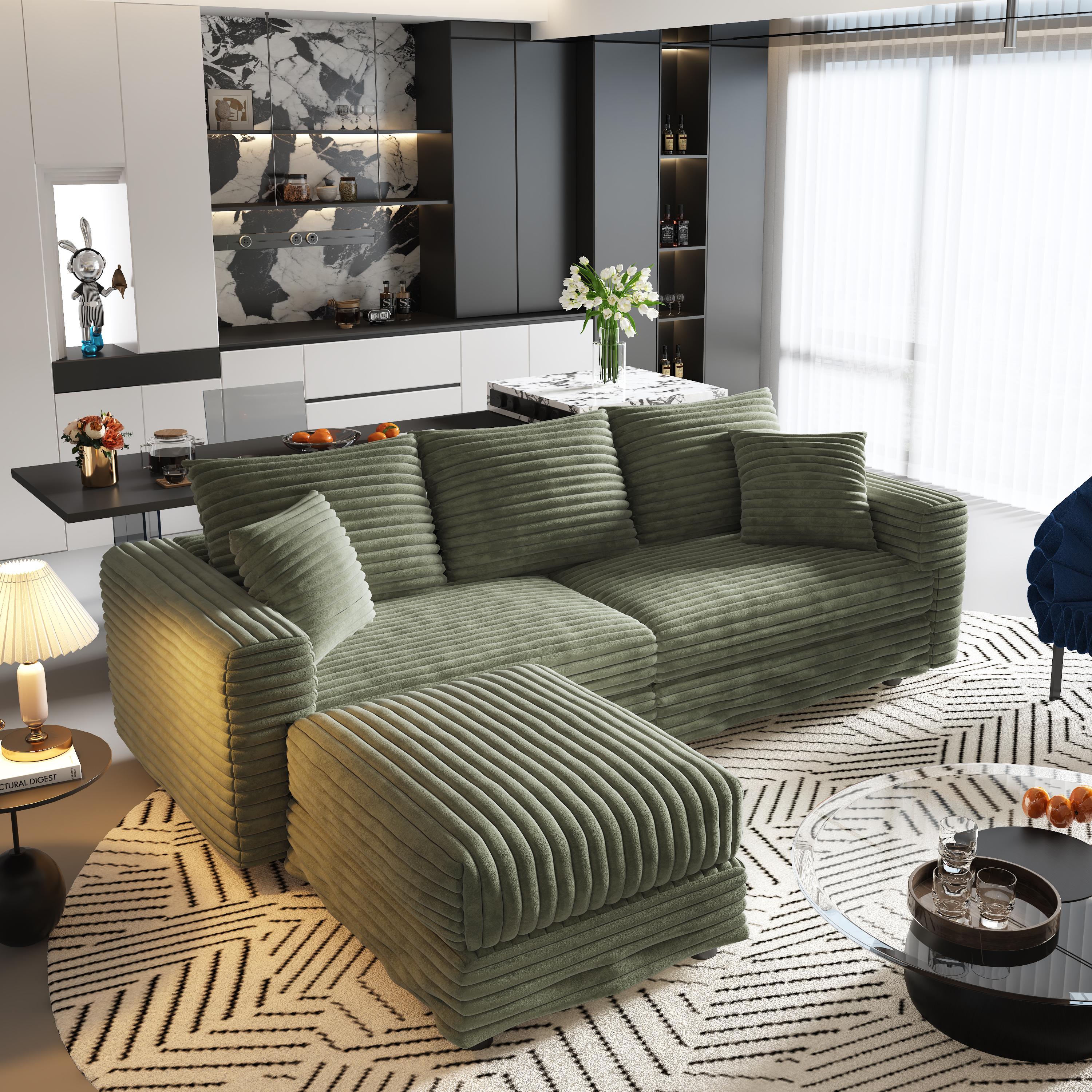 Norwalk 83" Modular Plush Corduroy L-Shaped Sectional Sofa with Movable Ottoman