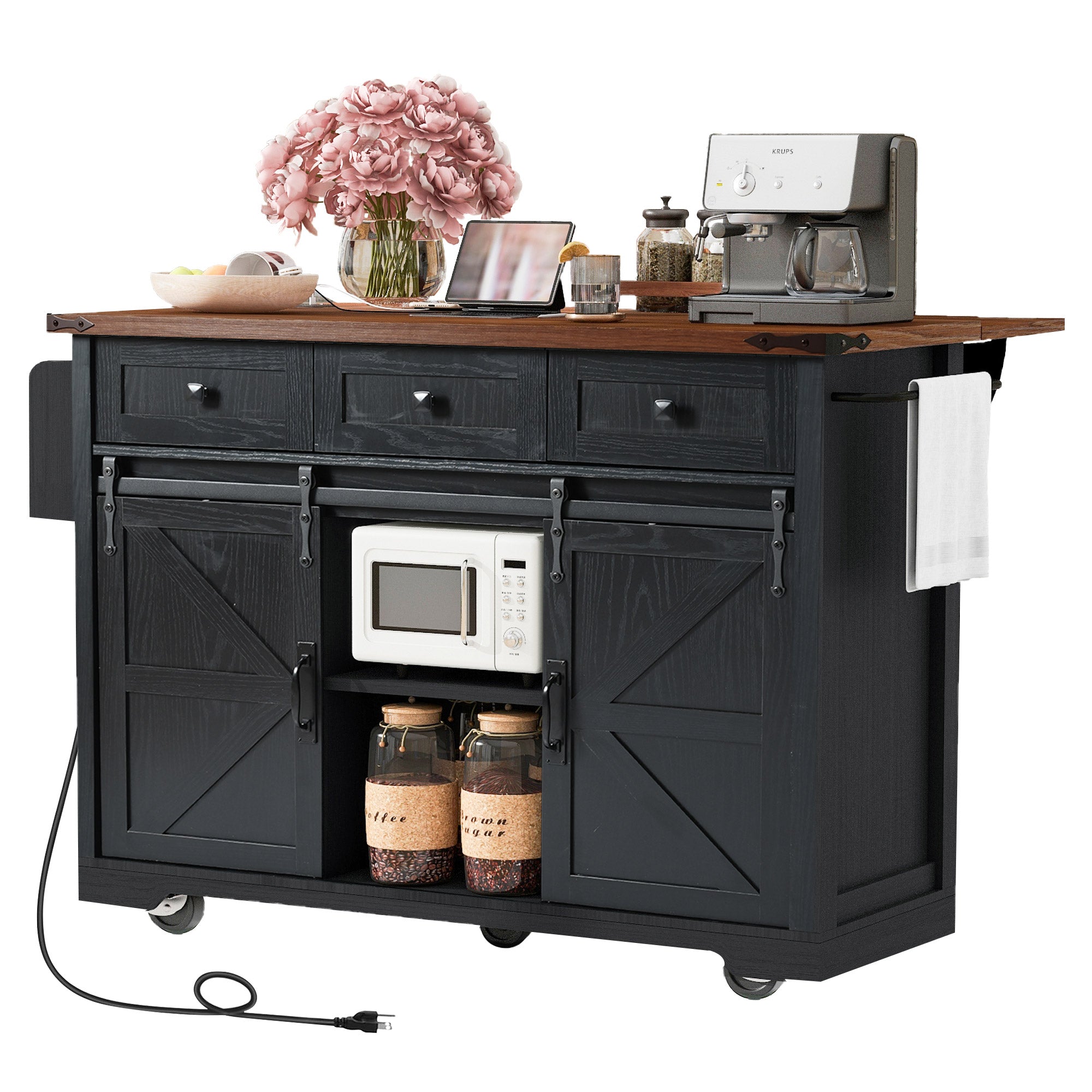 Arlena 55 Inch Farmhouse Kitchen Island with Power Outlet and Drop Leaf