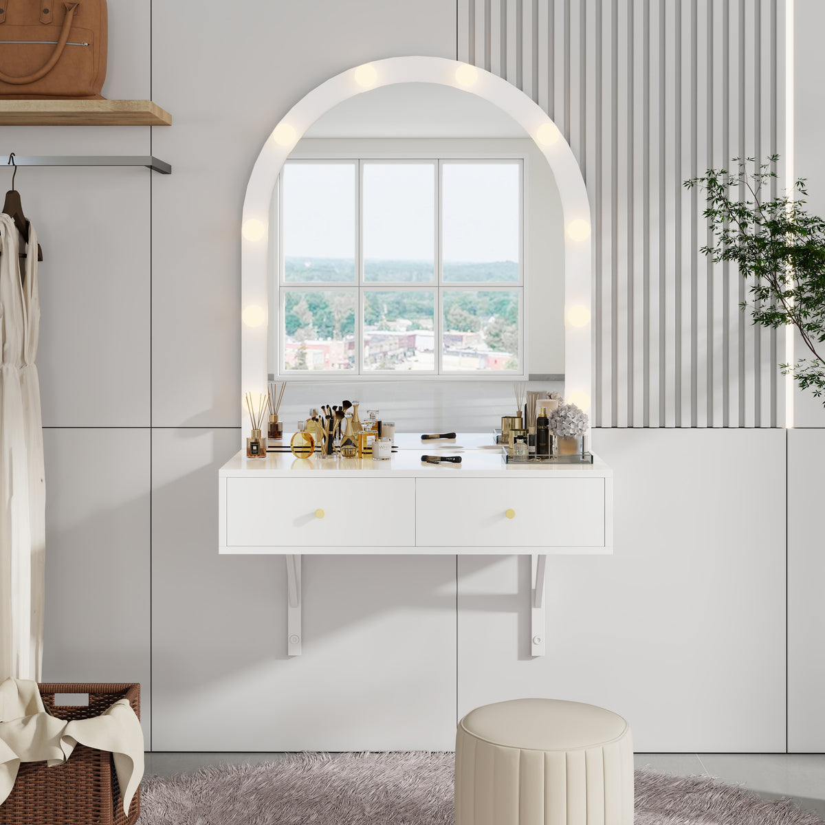 Black Elin wall-mounted makeup vanity with arched LED mirror and two drawers