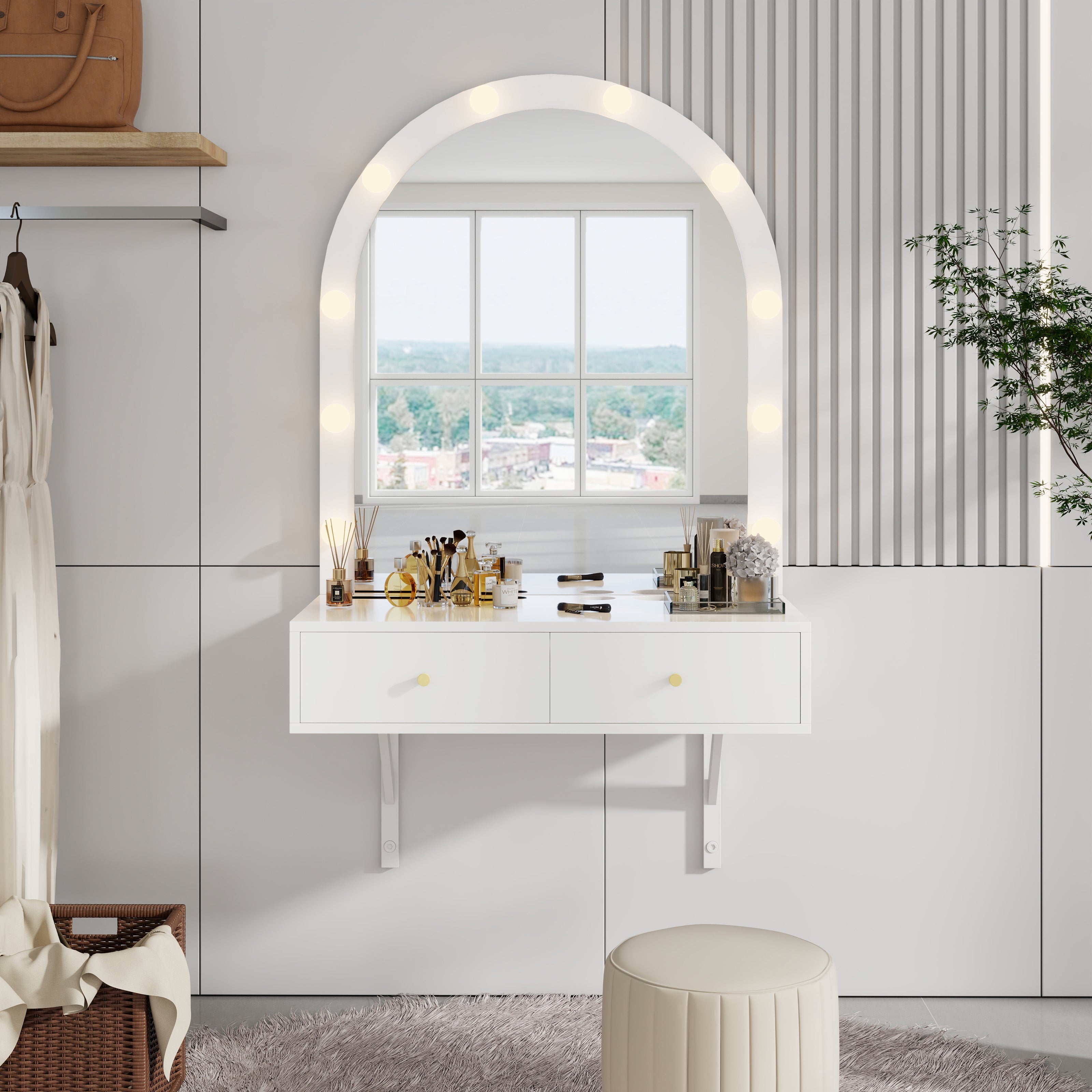 Elin 31.5" Floating Makeup Vanity with LED Arch Mirror and Power Outlet