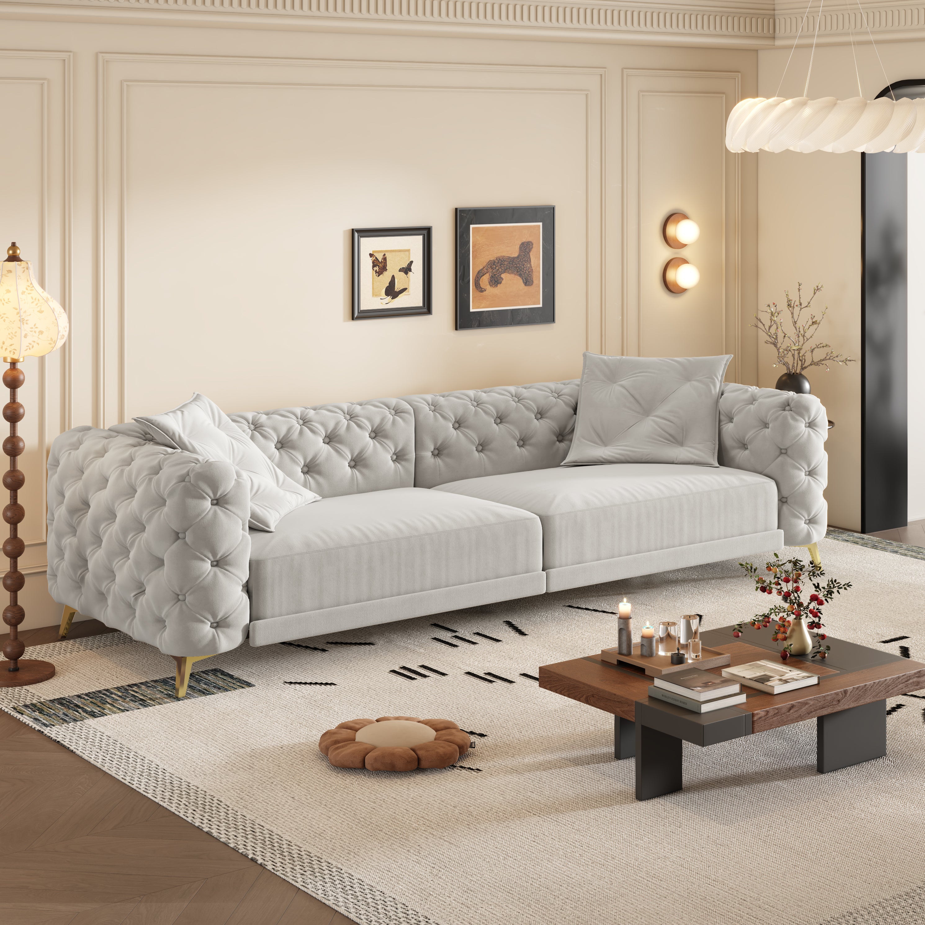 Allentown 98" Velvet Button Tufted 4-Seater Sleeper Sofa Bed with Movable Ottoman