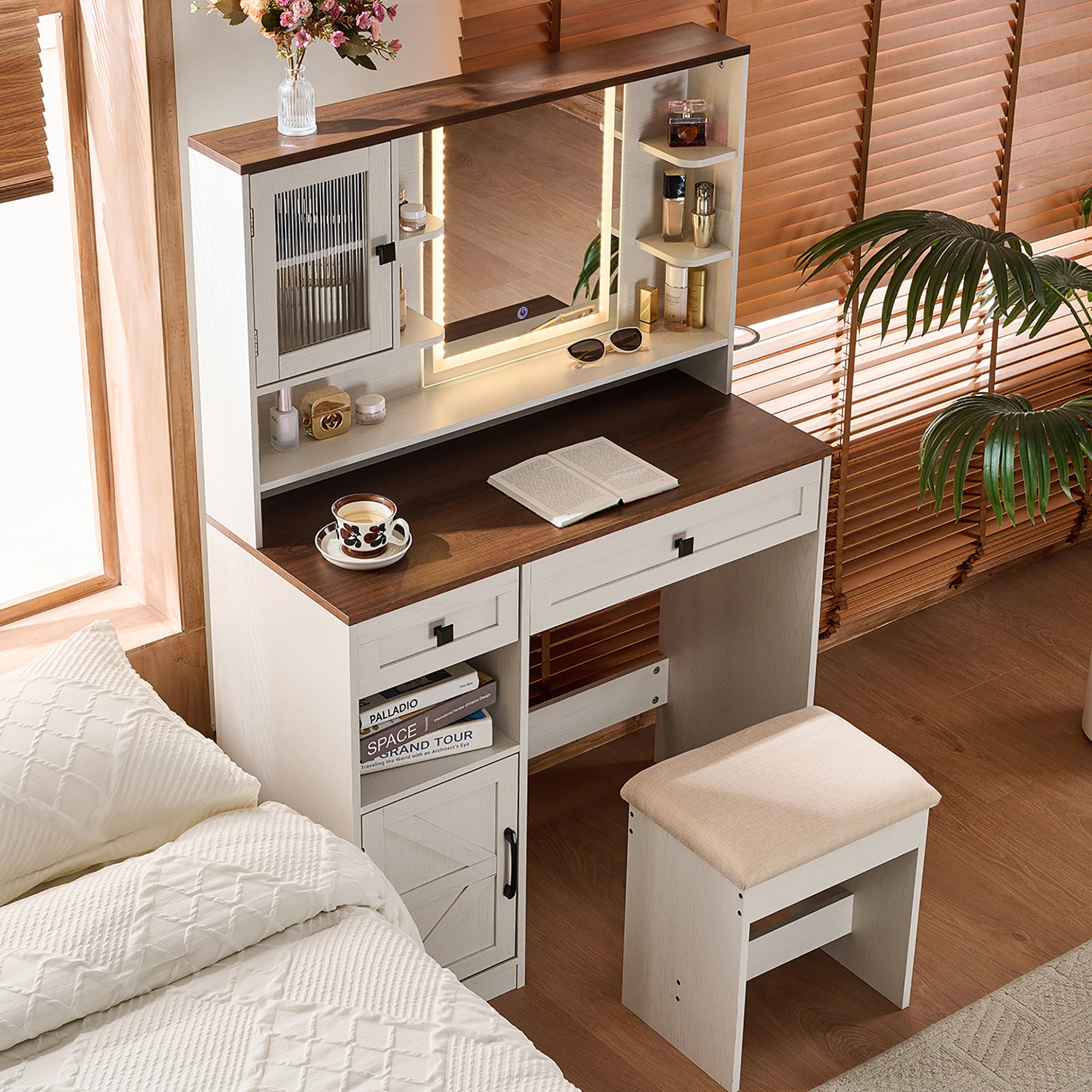 Frida 37.4" Makeup Vanity Set with Lighted Mirror and Upholstered Stool