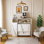 Agus Folding Dining Table with Wall-Mounted Sideboard and Storage, White Marble