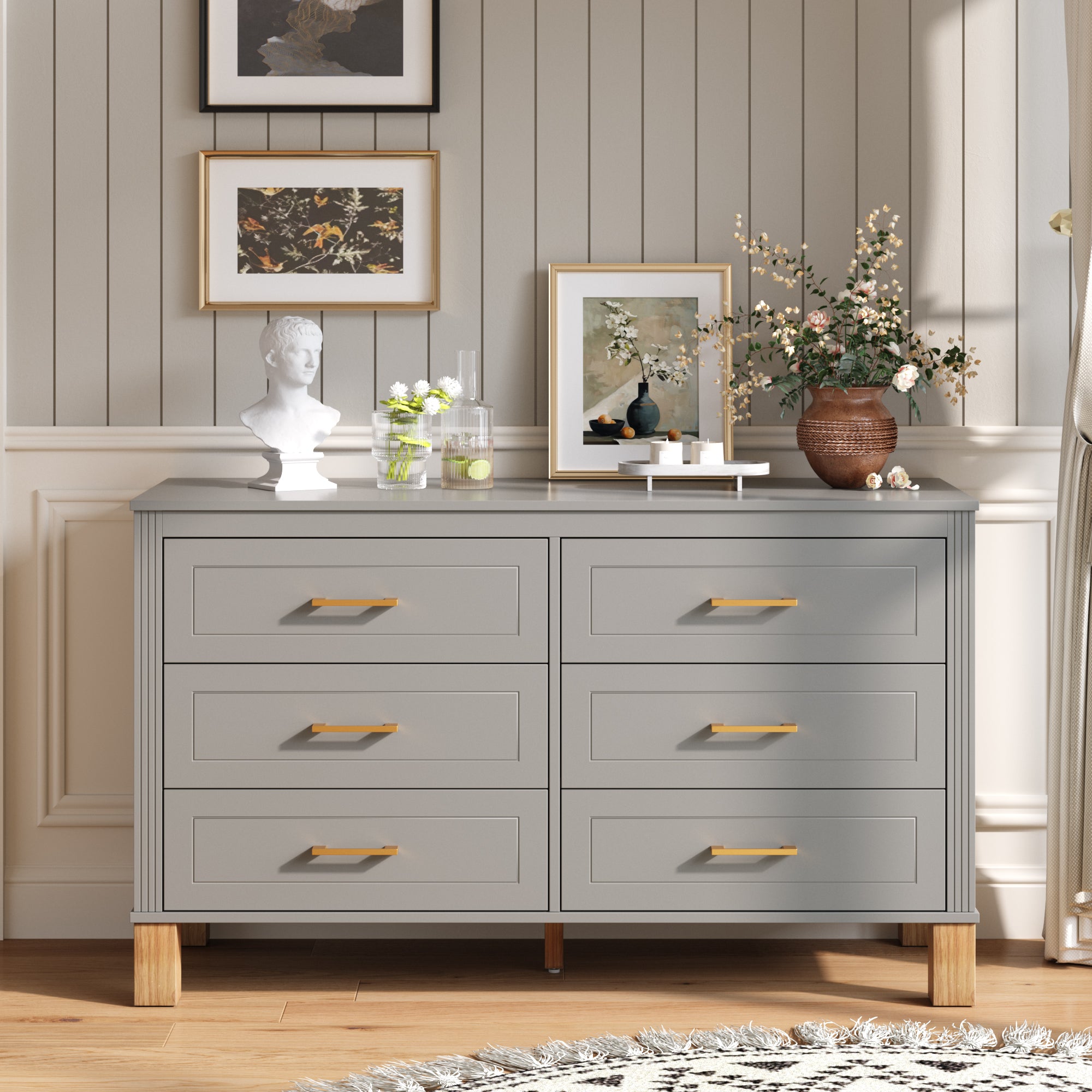 Sabine 47" 6-Drawer Dresser with Fluted Trim and Solid Wood Legs