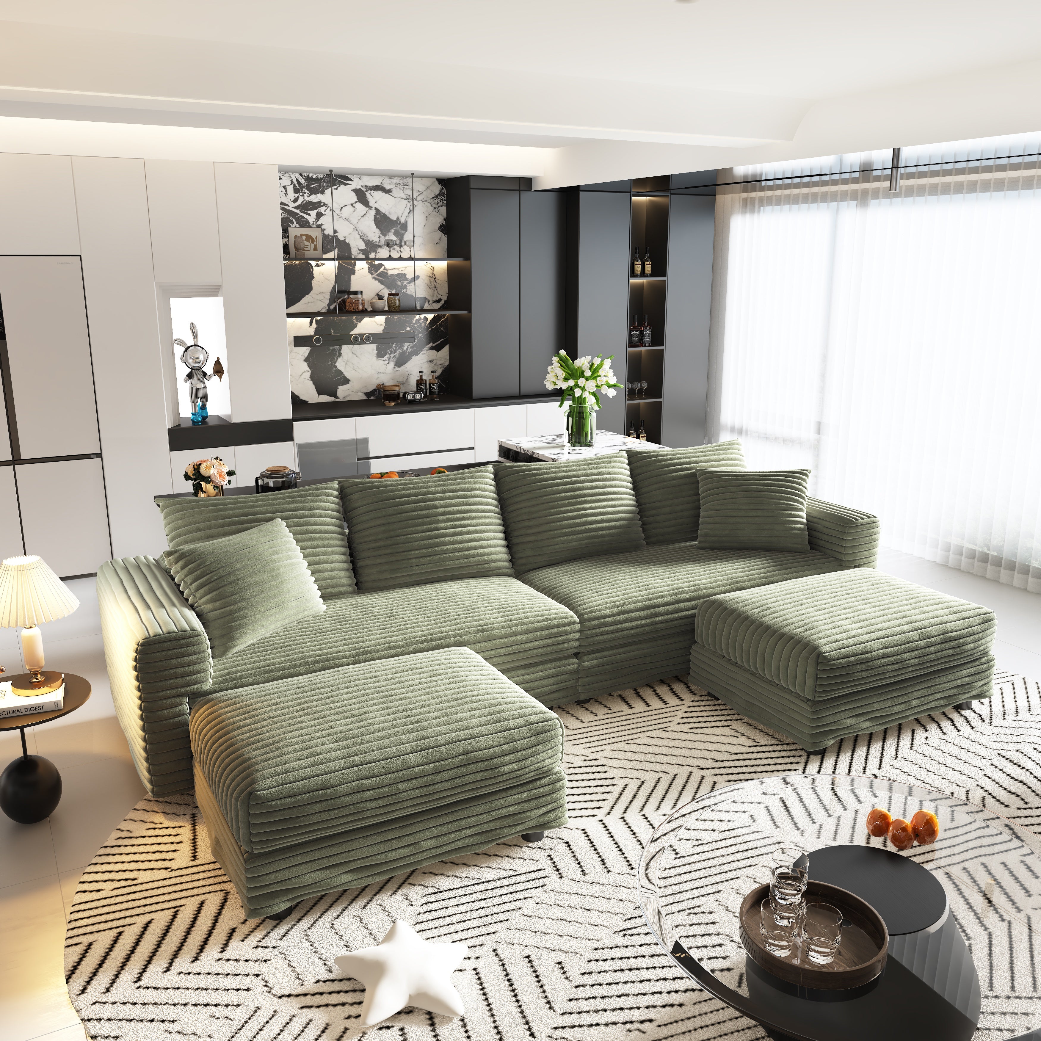 Norwalk 102" Modular Plush Corduroy U-Shaped Sectional Sofa with Soft Pillows and 2 Ottomans