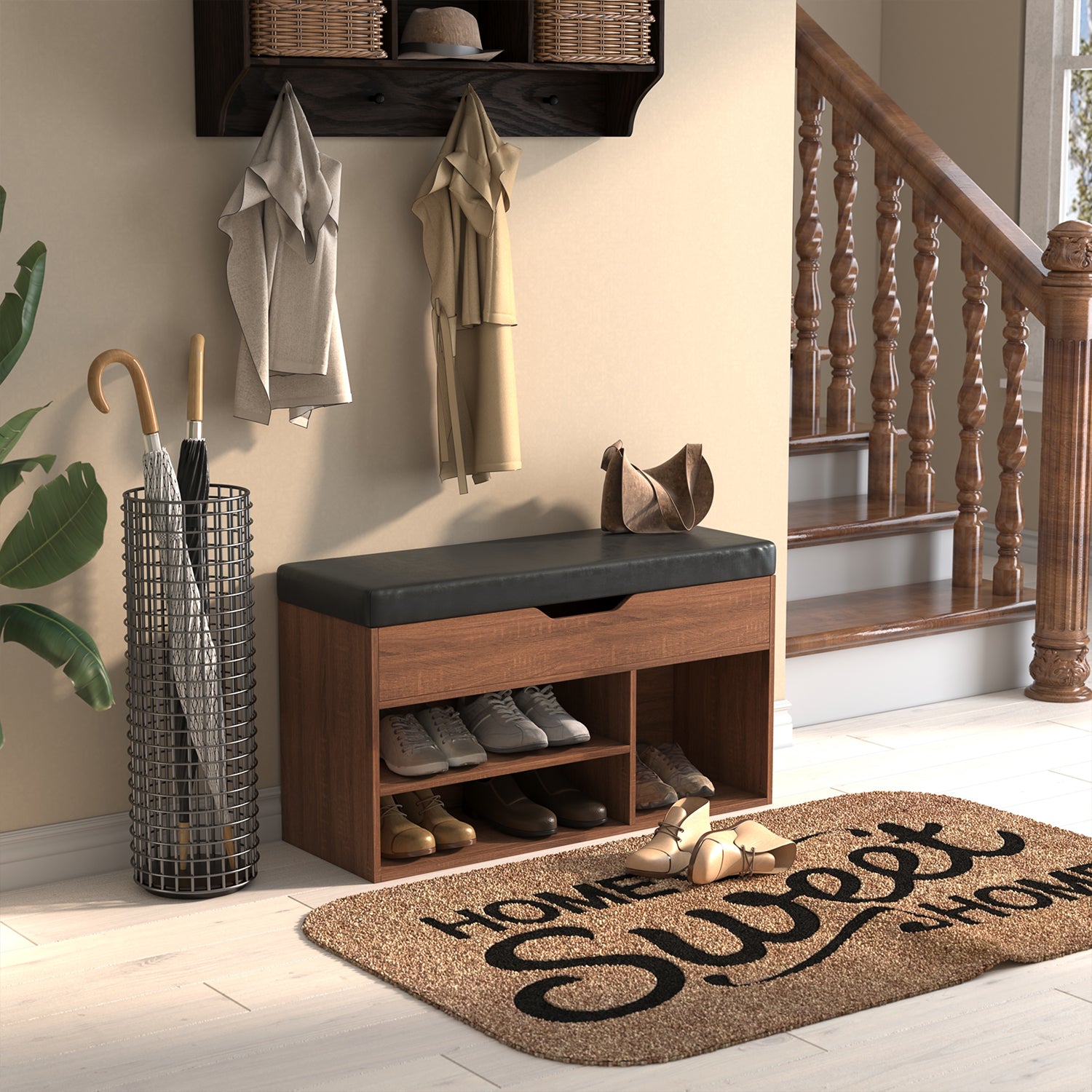 Homy Casa ERNEST 31.5” BROWN Shoe Storage Bench Open Box