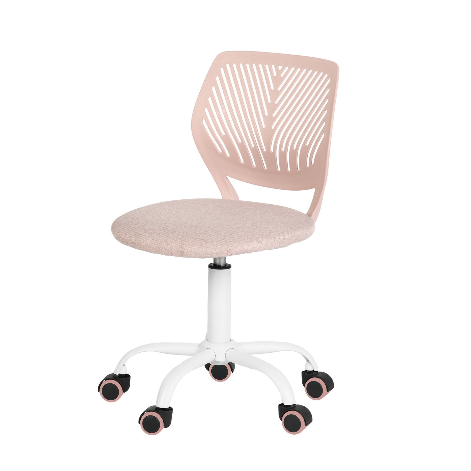 Homy Casa Pink Office Chair, 44x40x74in, Modern Fabric Swivel Desk Chair with Ergonomic Back, Adjustable Height, White Metal Base, PU Casters, for Home Office, Study, Makeup, 1 Pack