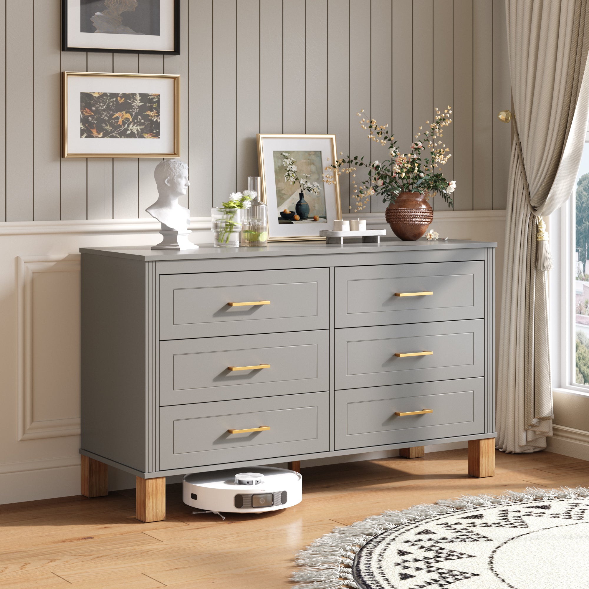 Sabine 47" 6-Drawer Dresser with Fluted Trim and Solid Wood Legs