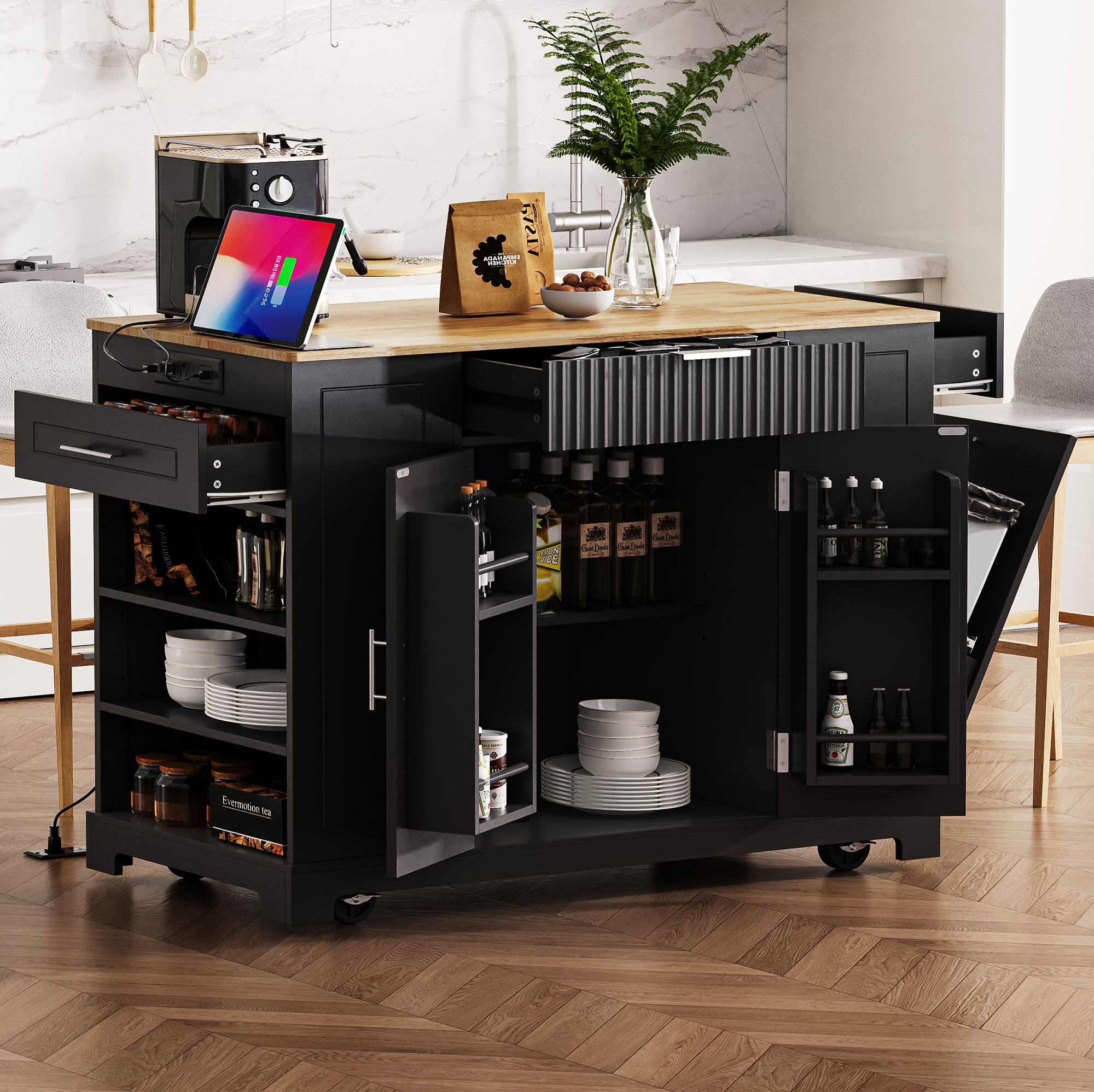 Fluted Kitchen Island with Trash Can Storage Cabinet, Power Outlet, Internal Storage Rack, Rolling Kitchen Islands on 5 Wheels with 3 Drawer, 3 Open Side Racks for 10 Gallon Garbage Bin, Black