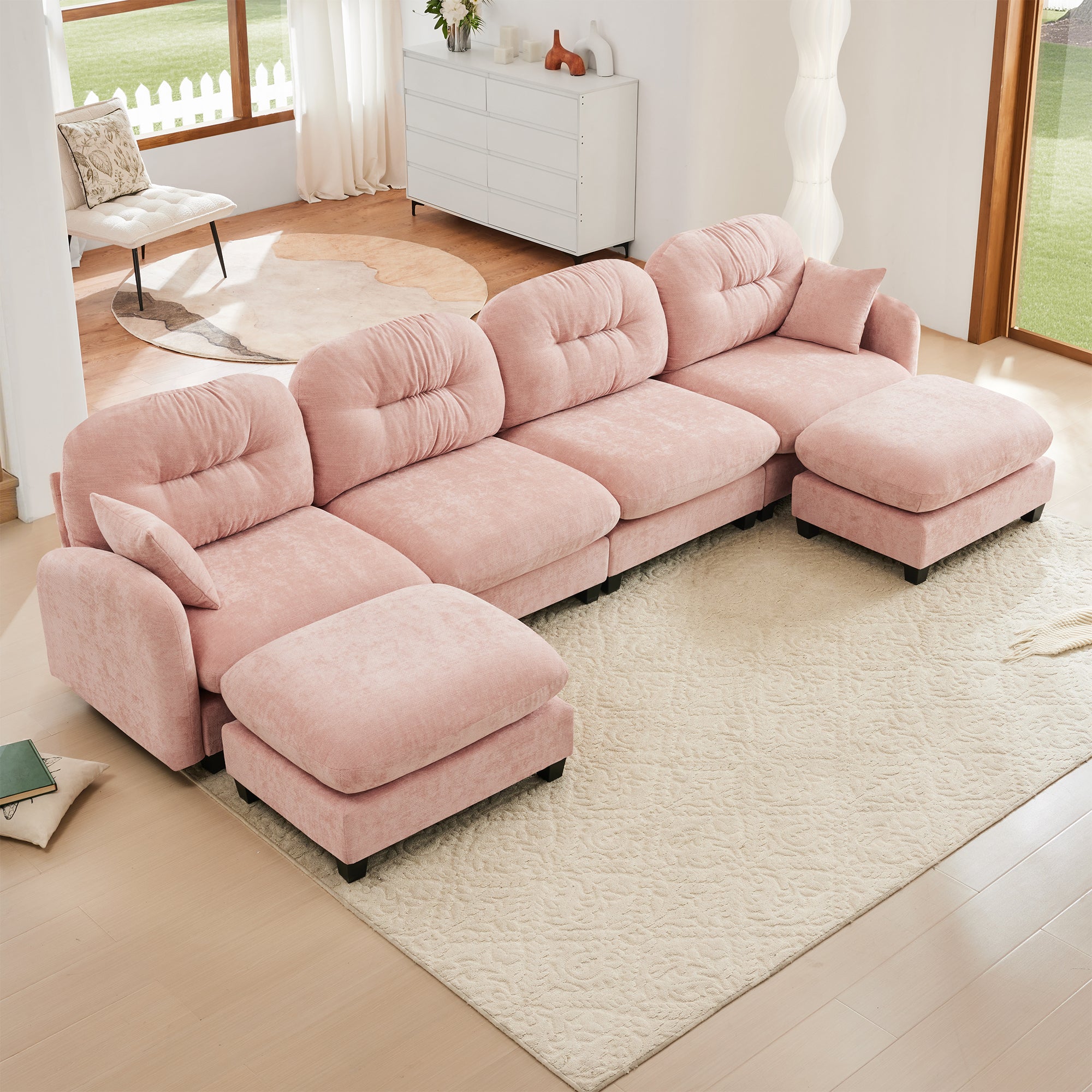 Roselyn 140" Modular Chenille U-Shaped Sectional Sofa with Ottoman and Tufted Cushion Backrest