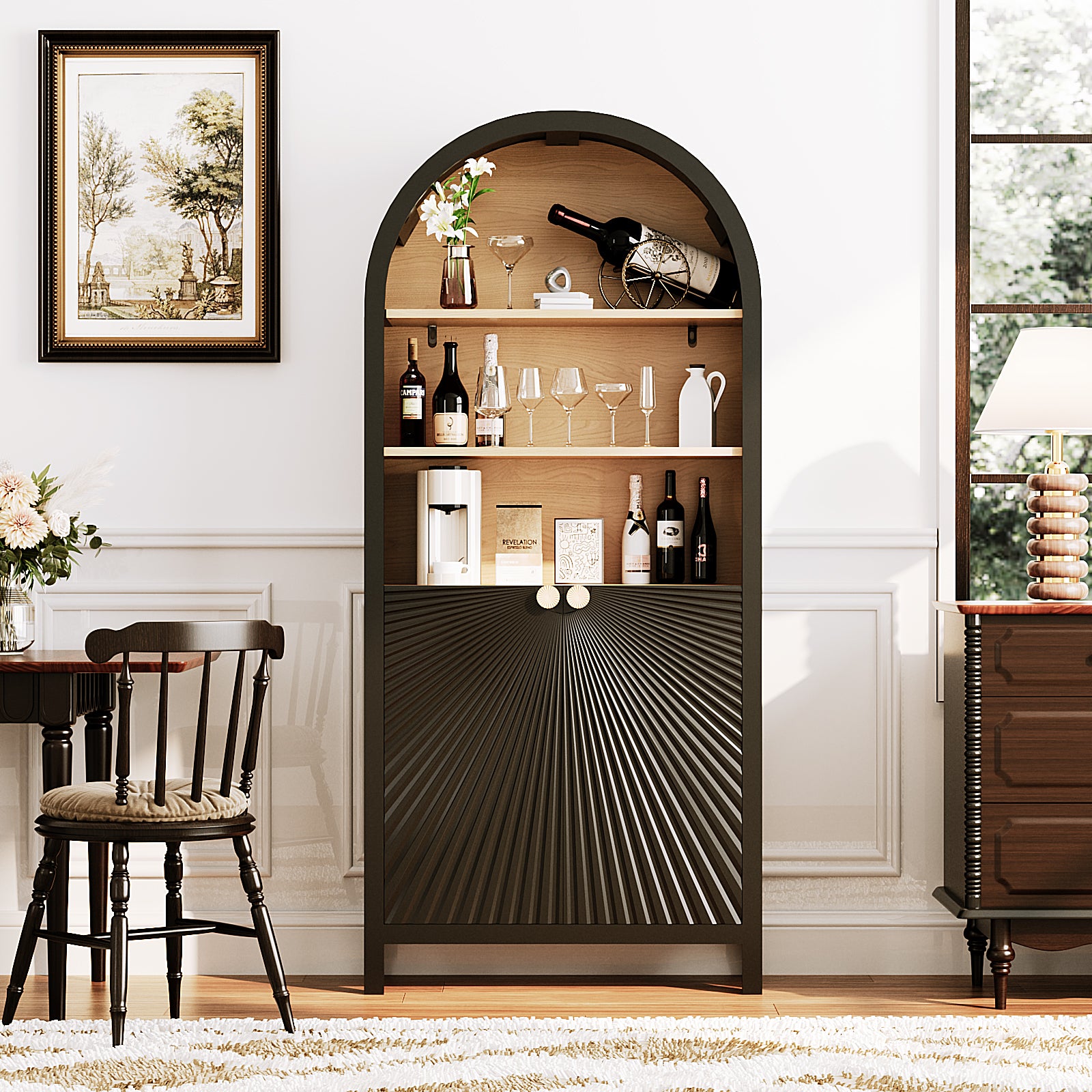 61' Tall Arched Cabinets,Bookcase with storage,Mid-Century Modern 5-Tier Bookshelf with Door,Black