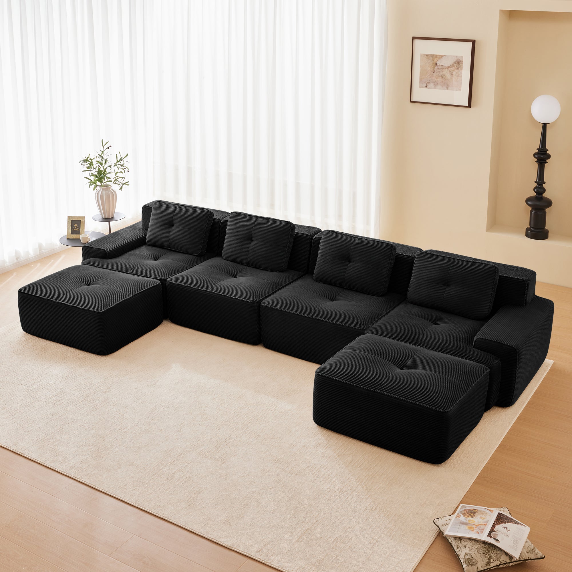 Racine 153" Modular Corduroy Fabric U-Shaped Sectional Sofa with Deep Seat and 2 Movable Ottomans