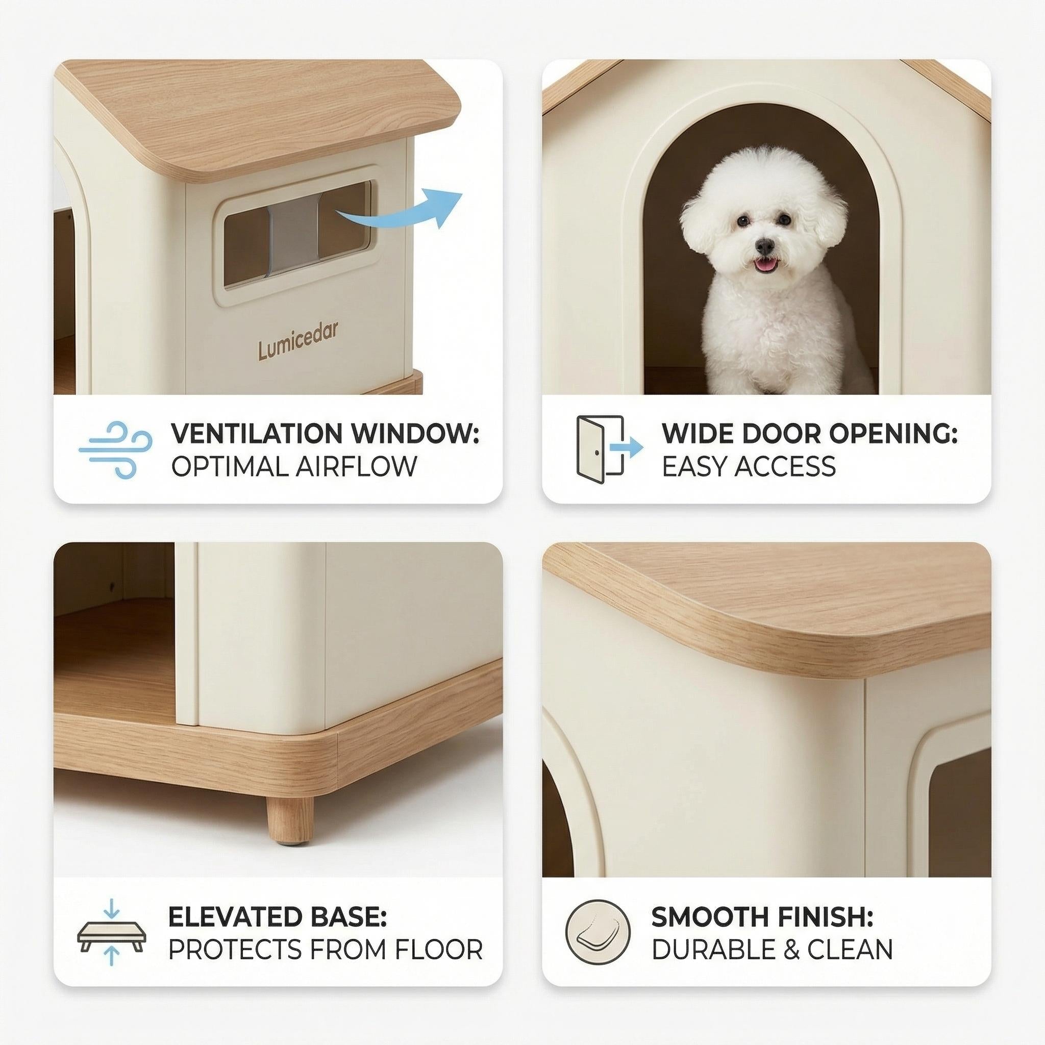 Homy Casa FSC Solid Cedar Pet House, 23.6" x 21.7" x 27.6", Indoor Cabin Shelter for Small Dogs & Cats, Cream Yellow