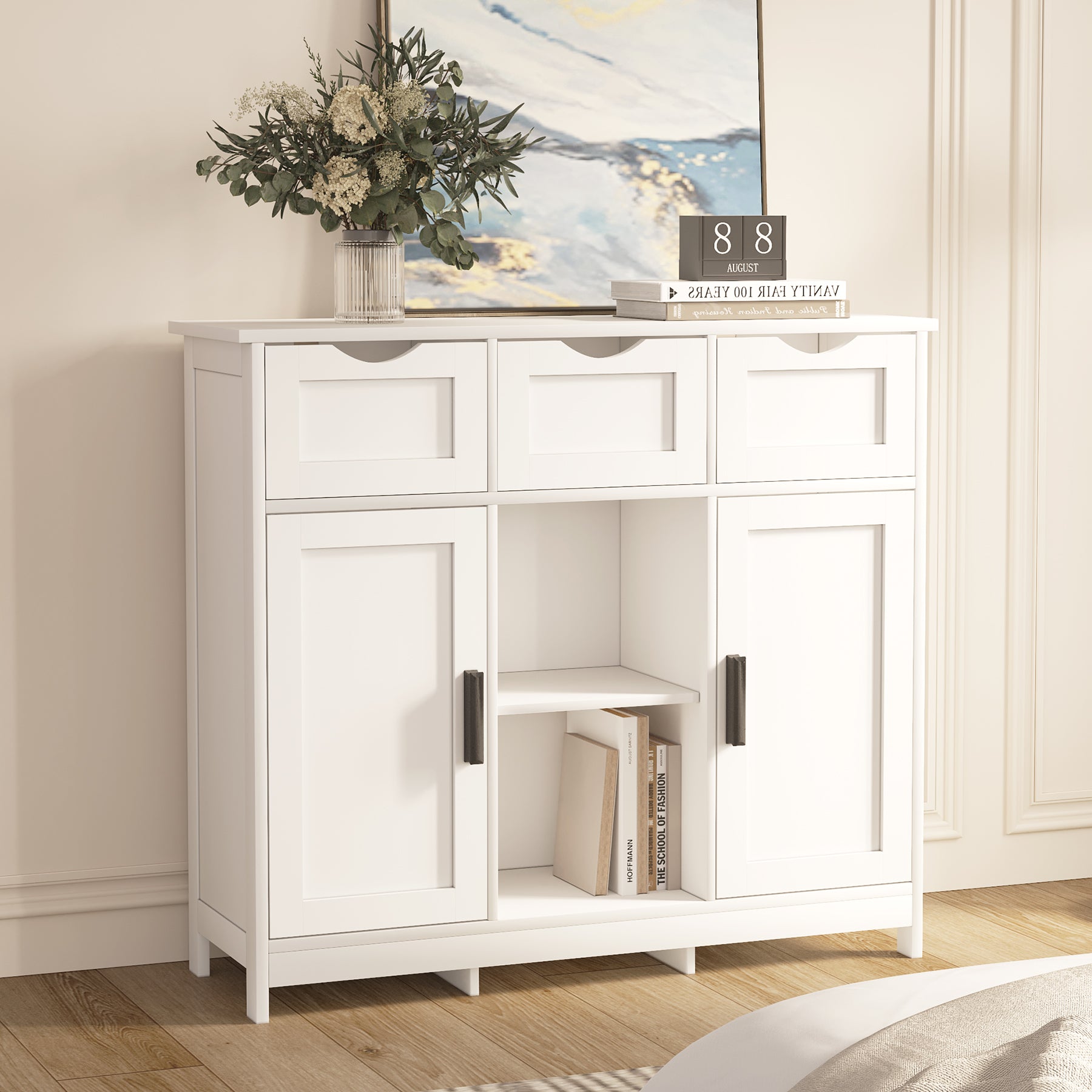 Ardeny Modern Wood Storage Cabinet with Drawers and Shelves White