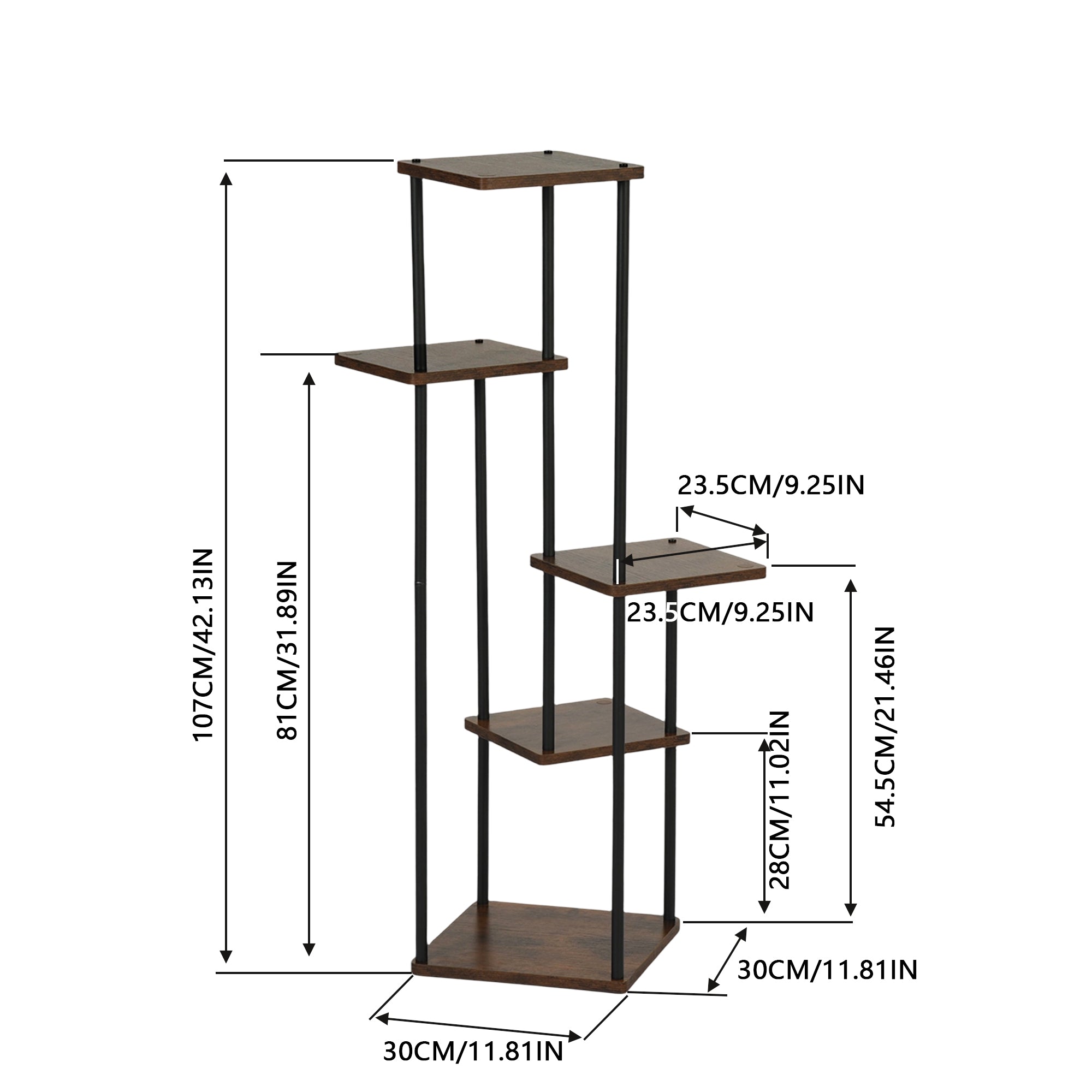 PLANN 5 Tier Plant Stand Rustic Brown Shelves Black Metal Frame Corner Display Tower for Living Room Bedroom Office