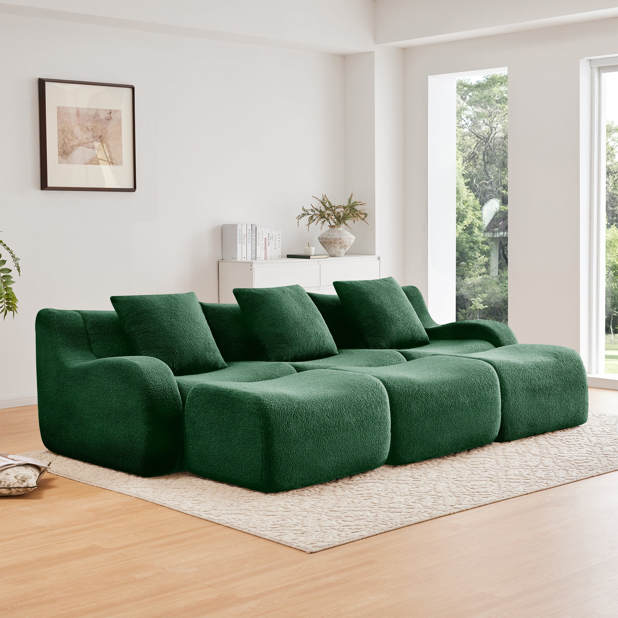 Chico 115" Modular Teddy Fabric 3-Seater Sofa with3 Ottomans